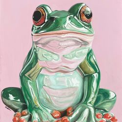 Зеленая лягушка на розовом фоне