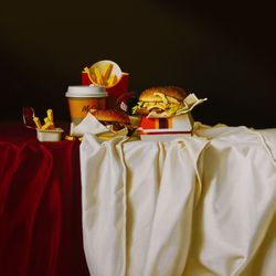 Натюрморт с двумя бургерами, картошкой и кофе