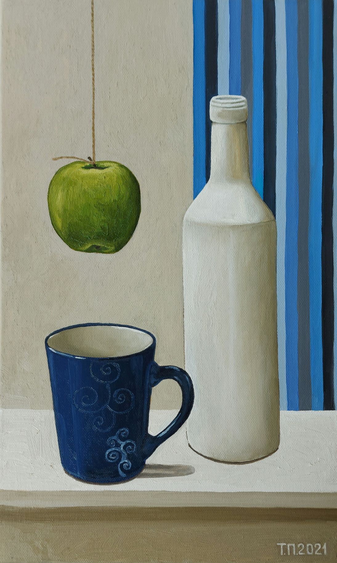 Татьяна Попова (Картина, живопись - 
                  30 x 50 см) Синяя кружка и яблоко
