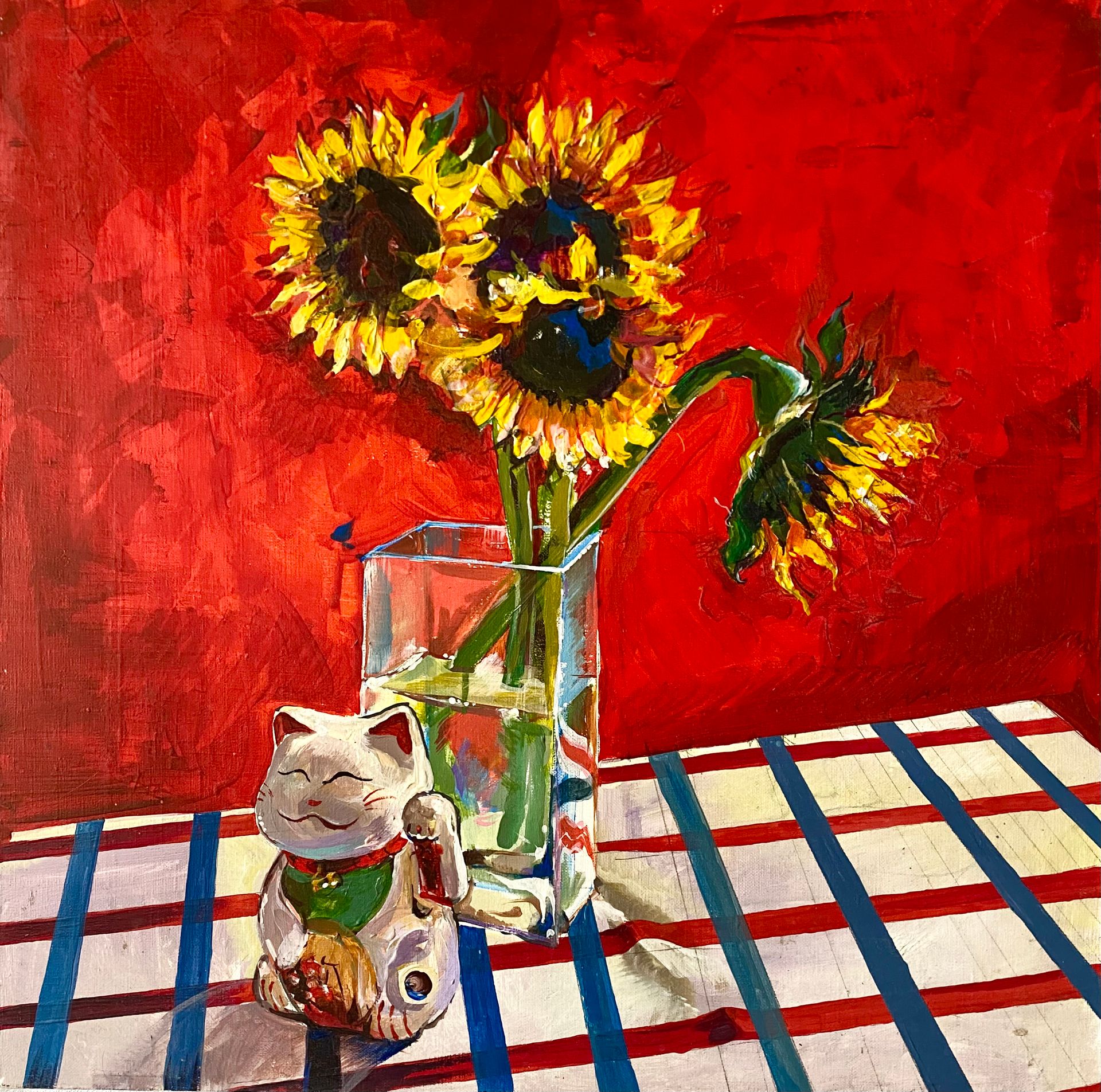 Остап Бакин (Картина, живопись - 
                  60 x 60 см) Манэки-Нэко и цветы