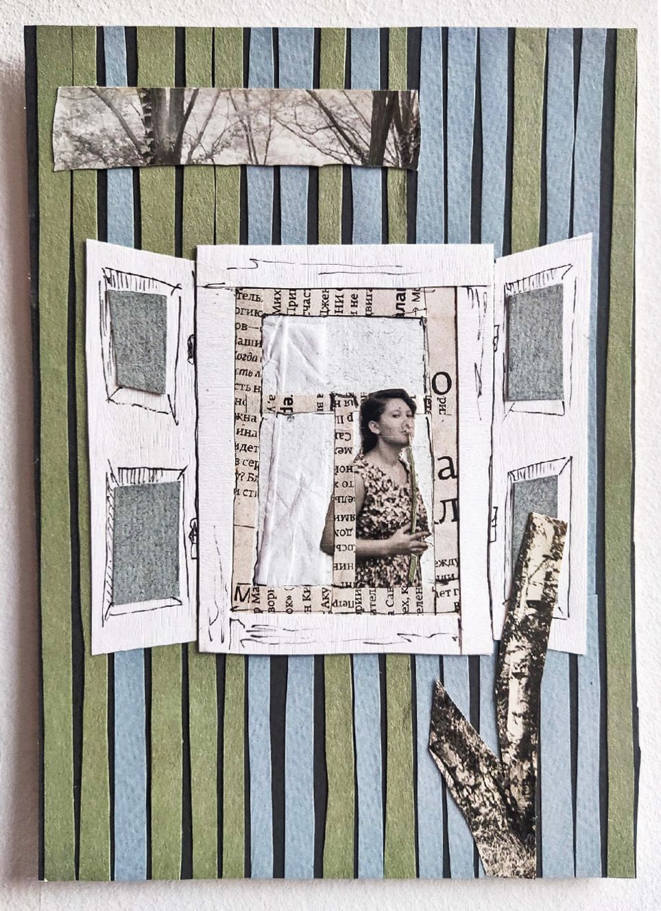 Валерия Финина (Коллаж / ассамбляж - 
                  14.2 x 19.5 см) Из окна
