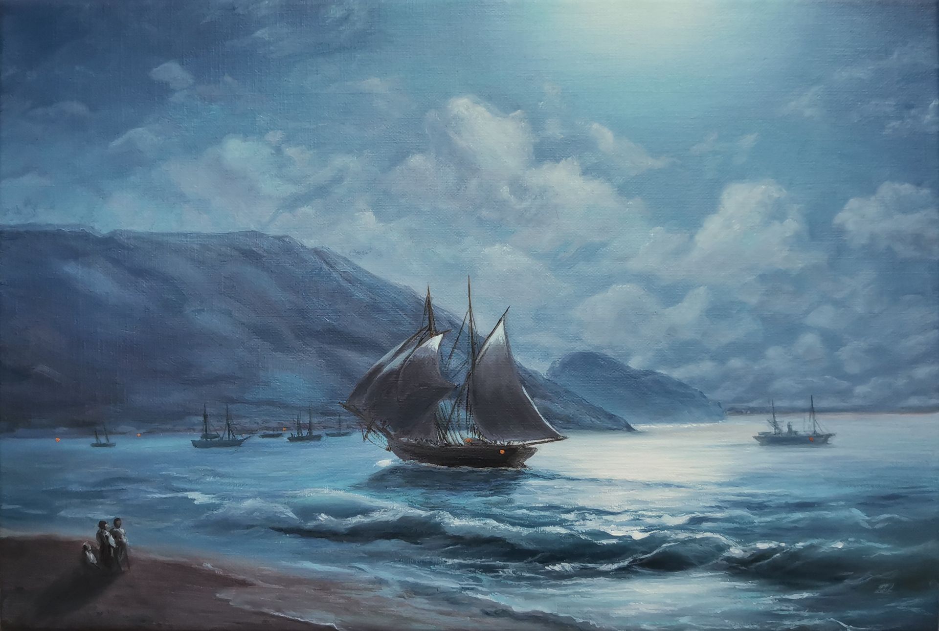 Елена Истомина (Картина, живопись - 
                  37 x 25 см) Побережье близ Ялты при лунном свете. Копия по картине И. Айвазовского