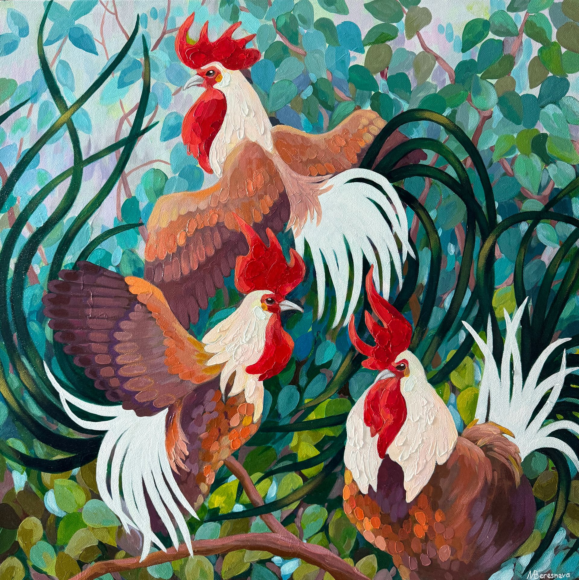 Марина Береснева (Картина, живопись - 
                  100 x 100 см) Три товарища