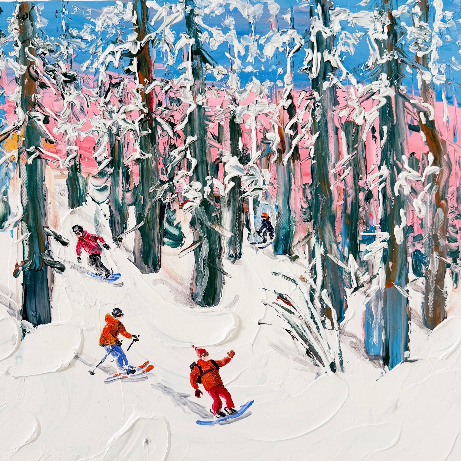 Кристина Толмачева (Картина, живопись - 
                  40 x 40 см) Последние в лесу. Лыжники и сноубордисты