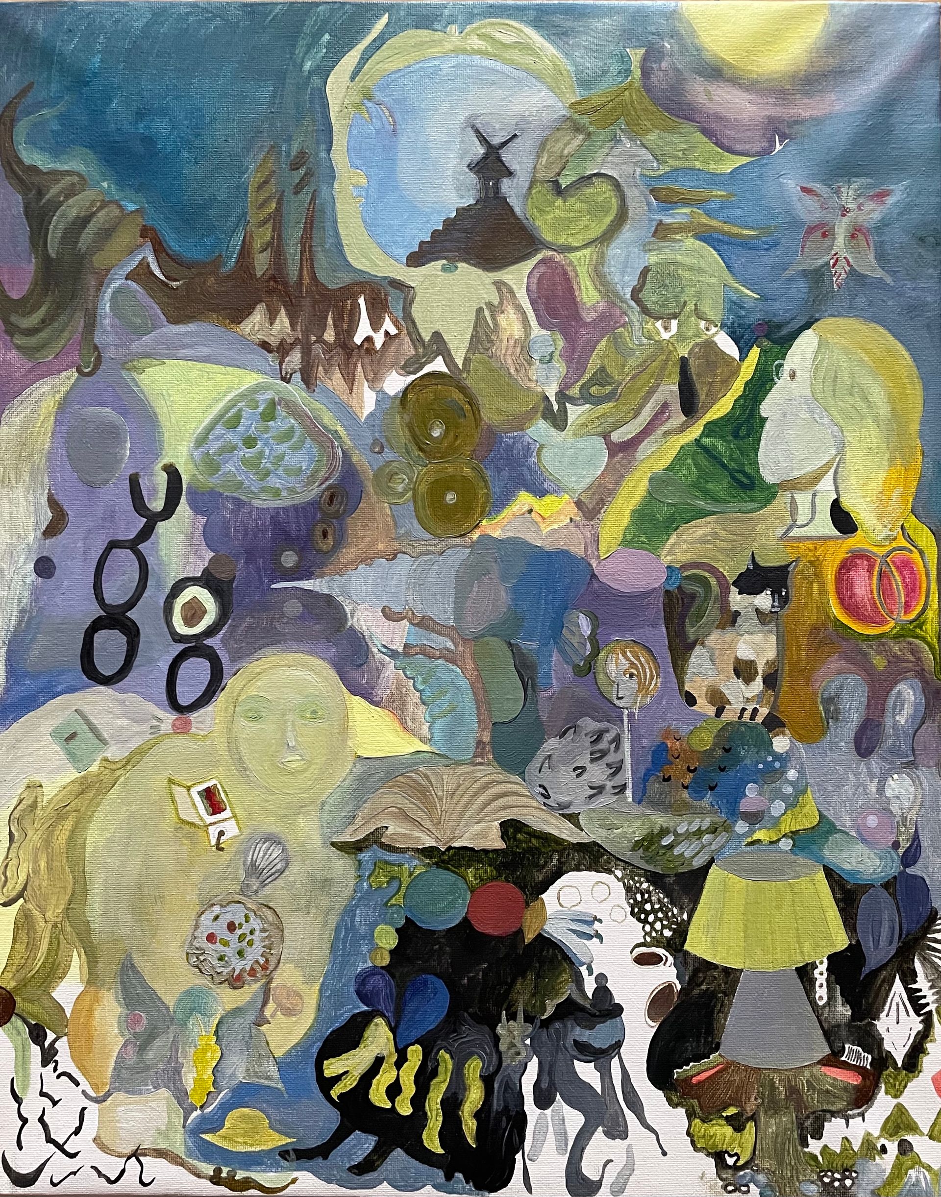 Галя Фадеева (Картина, живопись - 
                  40 x 50 см) В комнате сновидца: танцующий хлеб с маслом, несущаяся вода и кошка