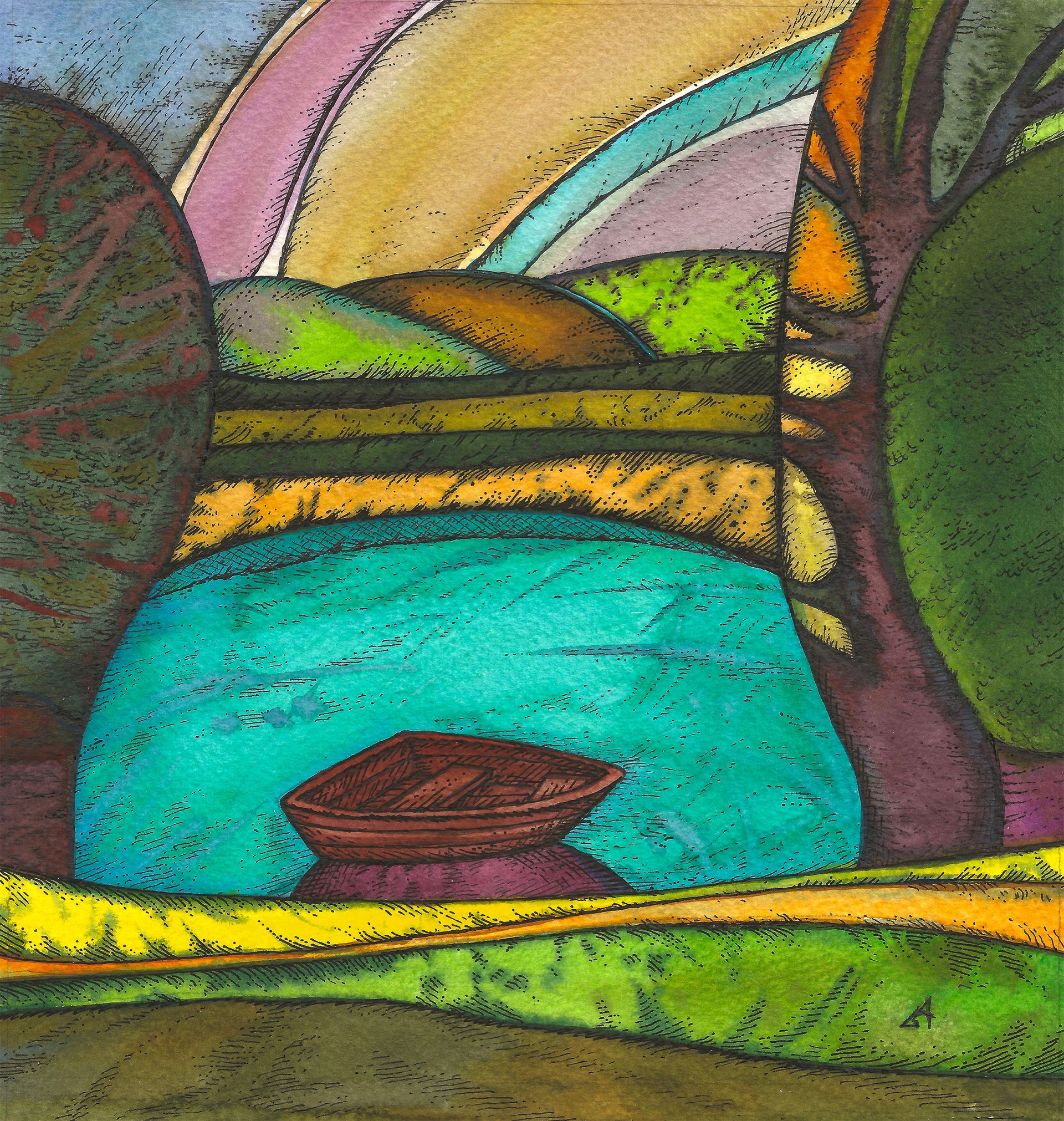 Александра Ларионова (Авторская графика - 
                  19 x 20 см) Лодка. Тишина