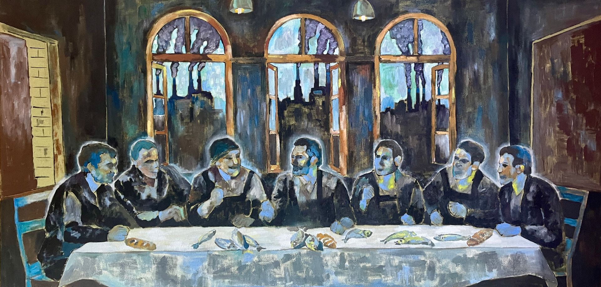 Таня Федоровская (Картина, живопись - 
                  200 x 100 см) КАМЕНЩИКИ УЖИНАЮТ