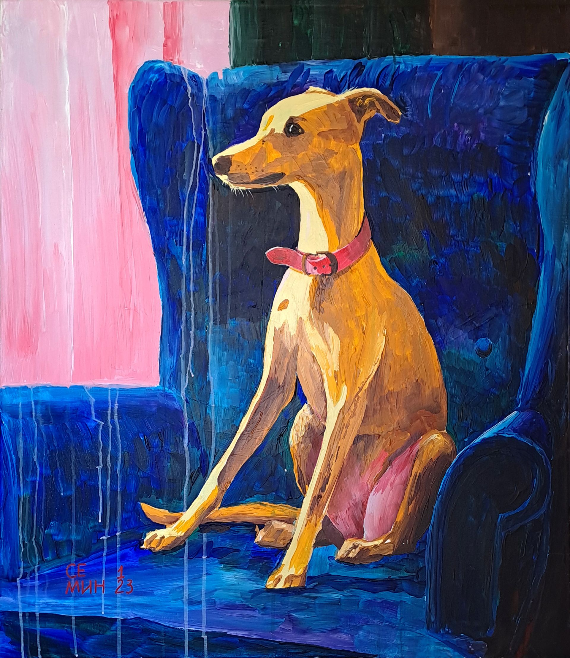 Семён Сомин (Картина, живопись - 
                  80 x 90 см) Собака на синем