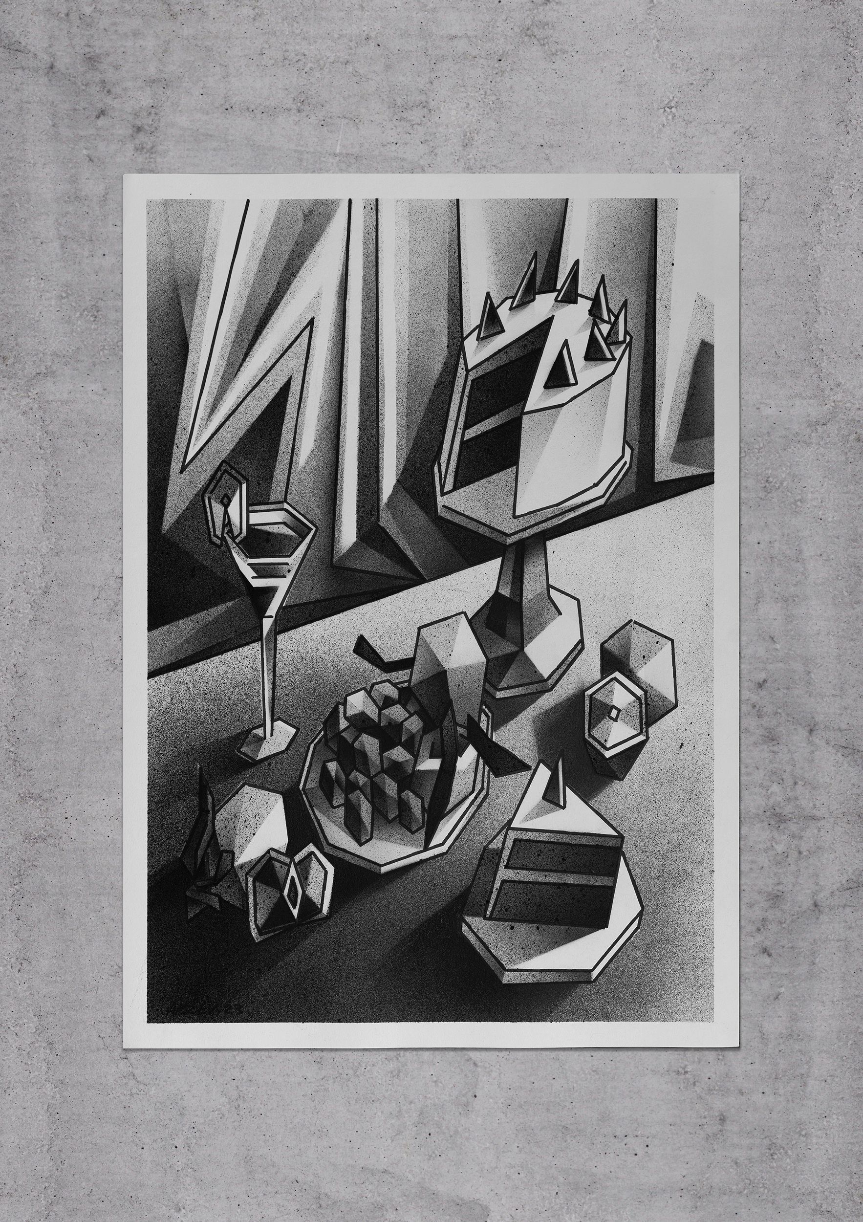 Александр Козлов (Авторская графика - 
                  59.4 x 84.1 см) №409 — Натюрморт с тортом