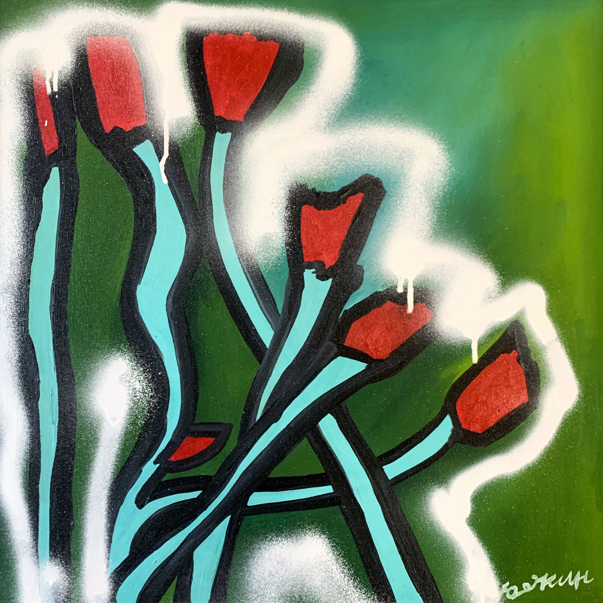 Юджин (Картина, живопись - 
                  60 x 60 см) Цветы на зелёном фоне