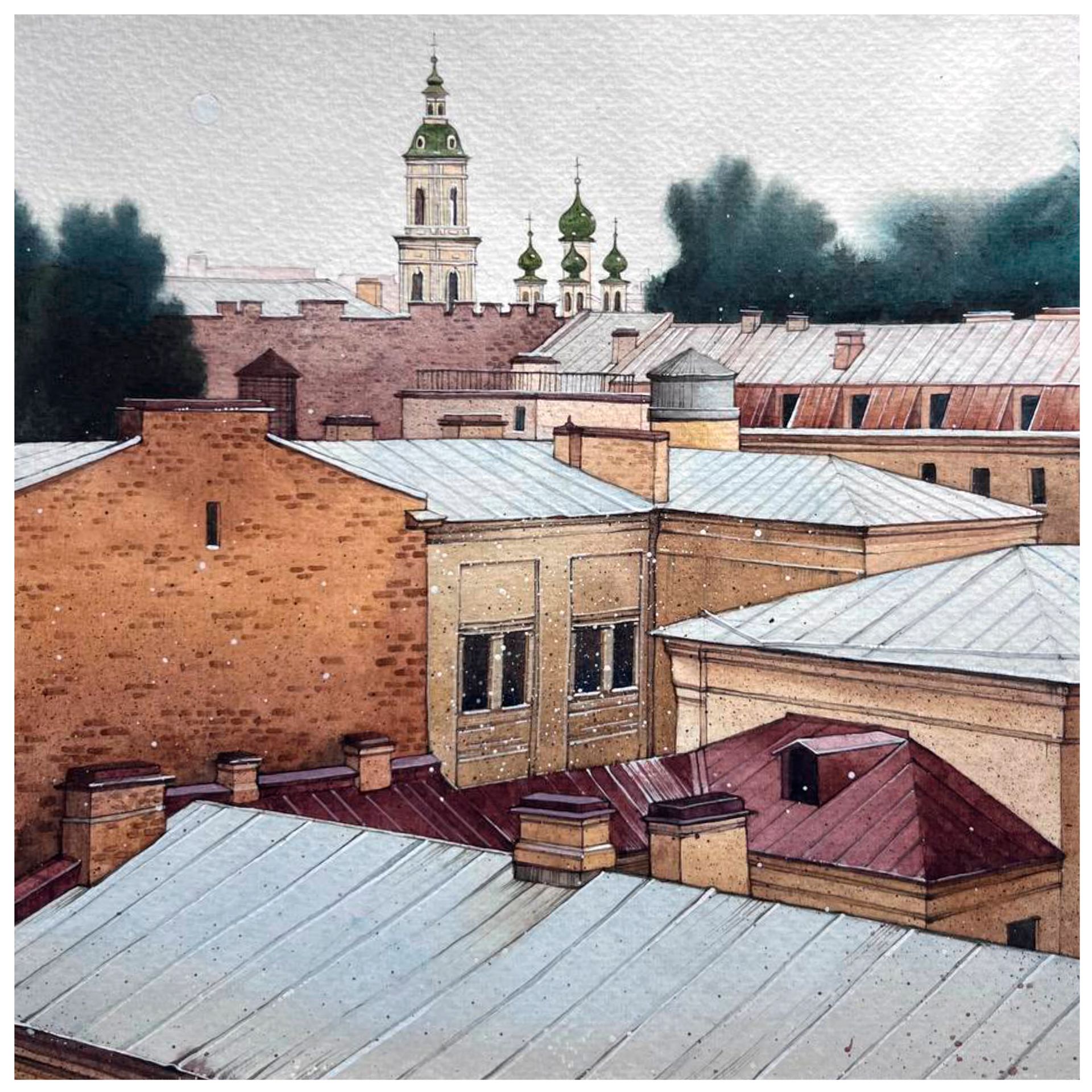 Ангелина Иванова (Авторская графика - 
                  20 x 20 см) Крыши на Васильевском