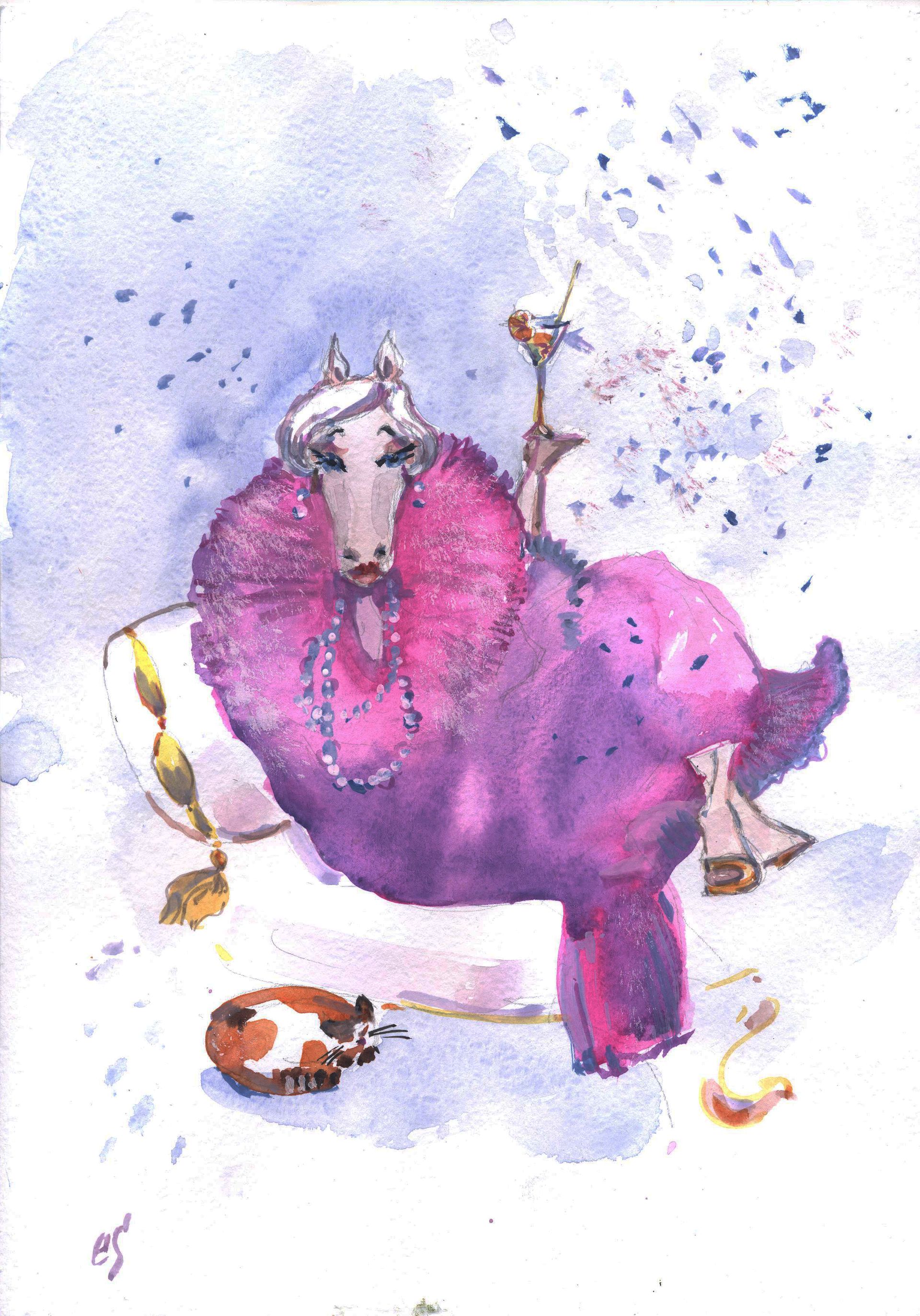 Елена Санина (Авторская графика - 
                  21 x 30 см) Хорошо быть лошадью в розовом пальто