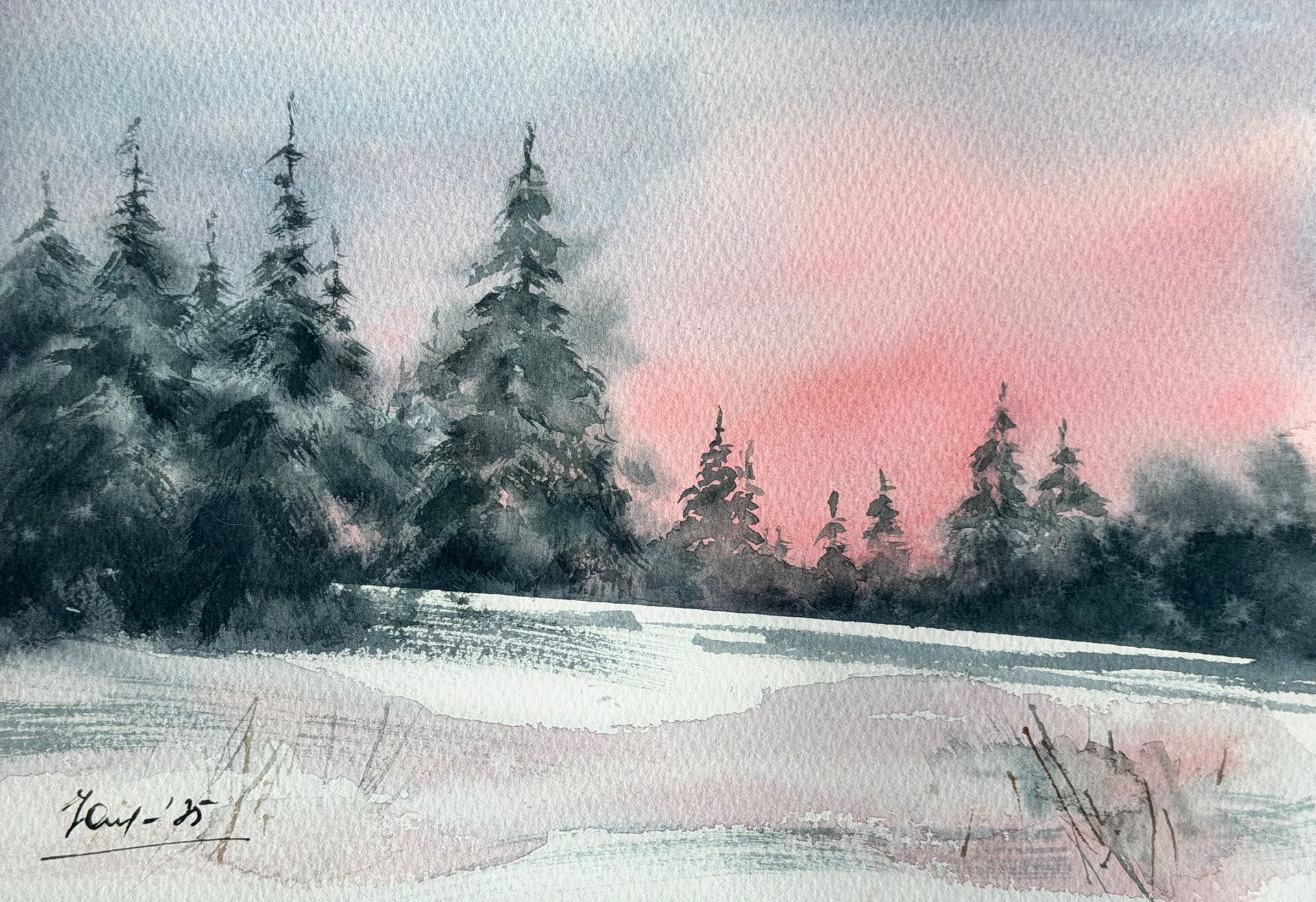 Светлана Юматова (Авторская графика - 
                  26 x 18 см) Зимний закат в лесу