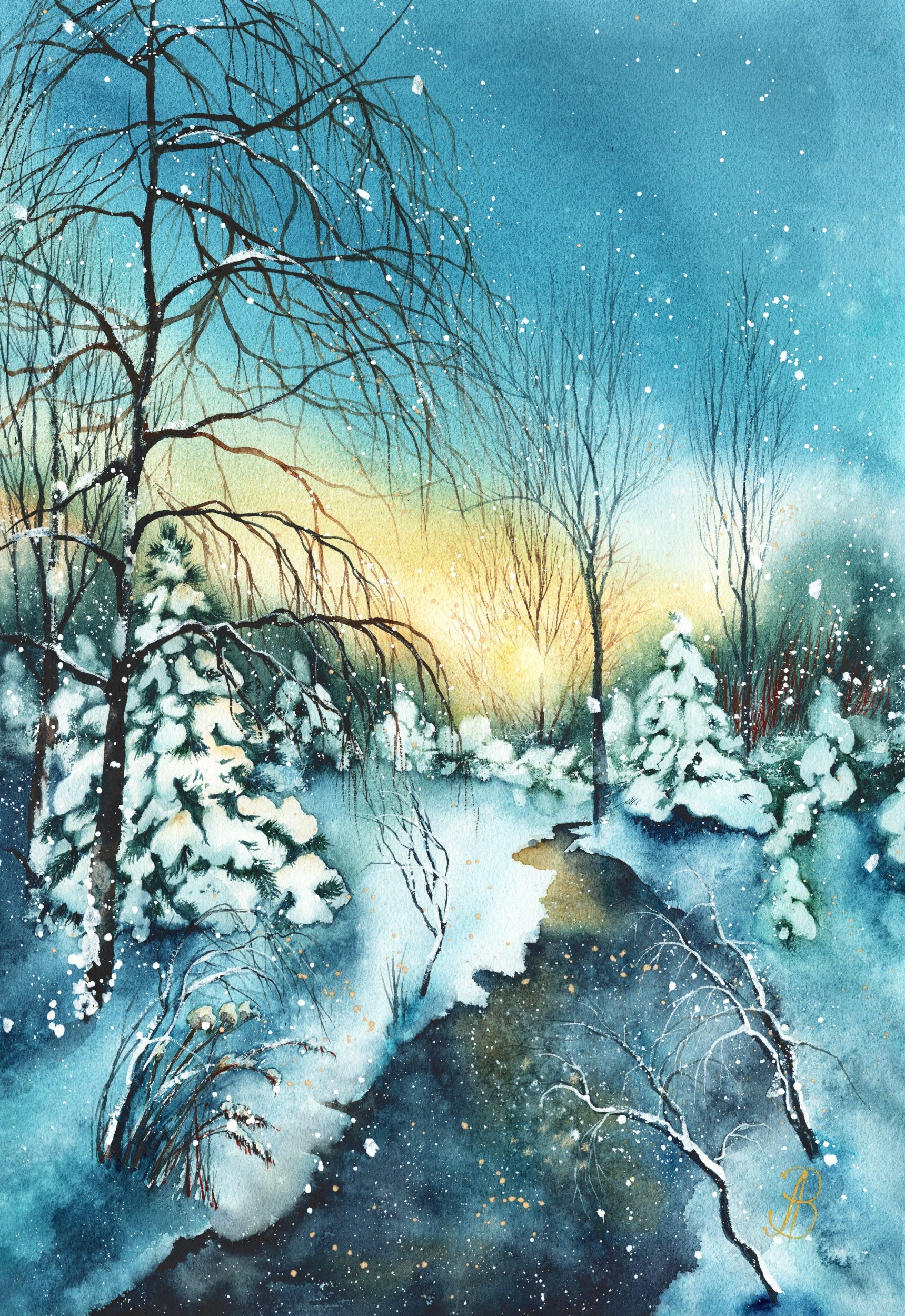 Алла Валежина (Авторская графика - 
                  38 x 56 см) Закат в лесу