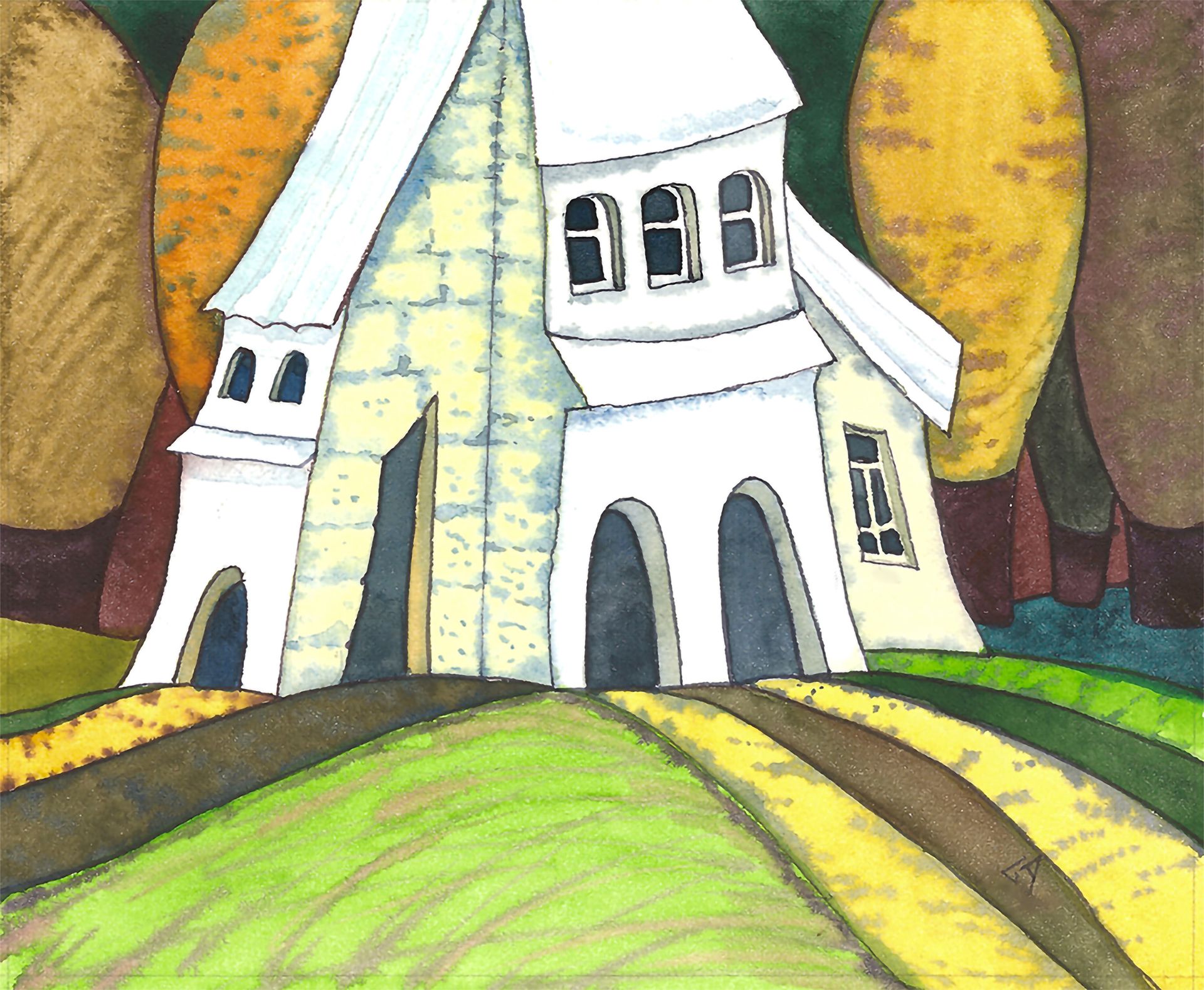 Александра Ларионова (Авторская графика - 
                  16.5 x 13.5 см) Большой дом на холме