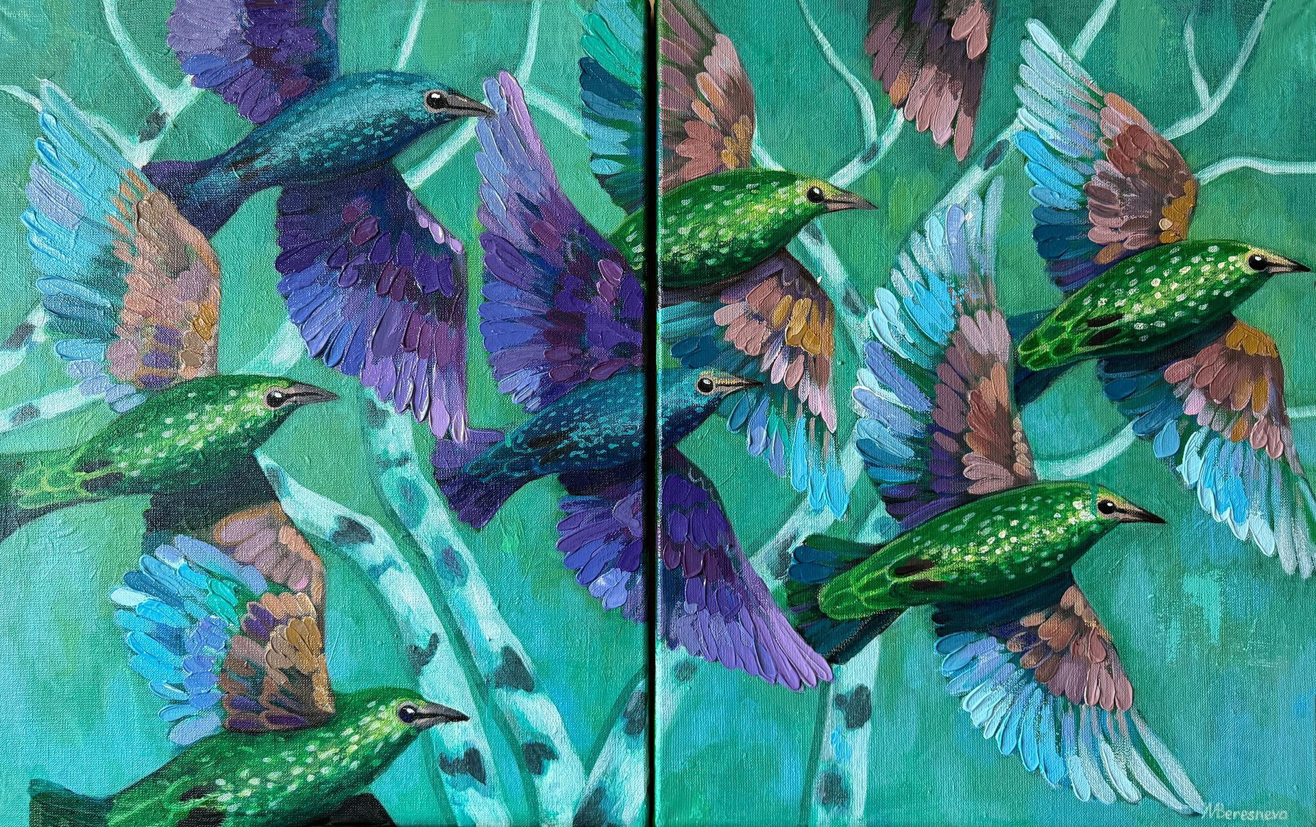 Марина Береснева (Картина, живопись - 
                  80 x 50 см) Скворцы