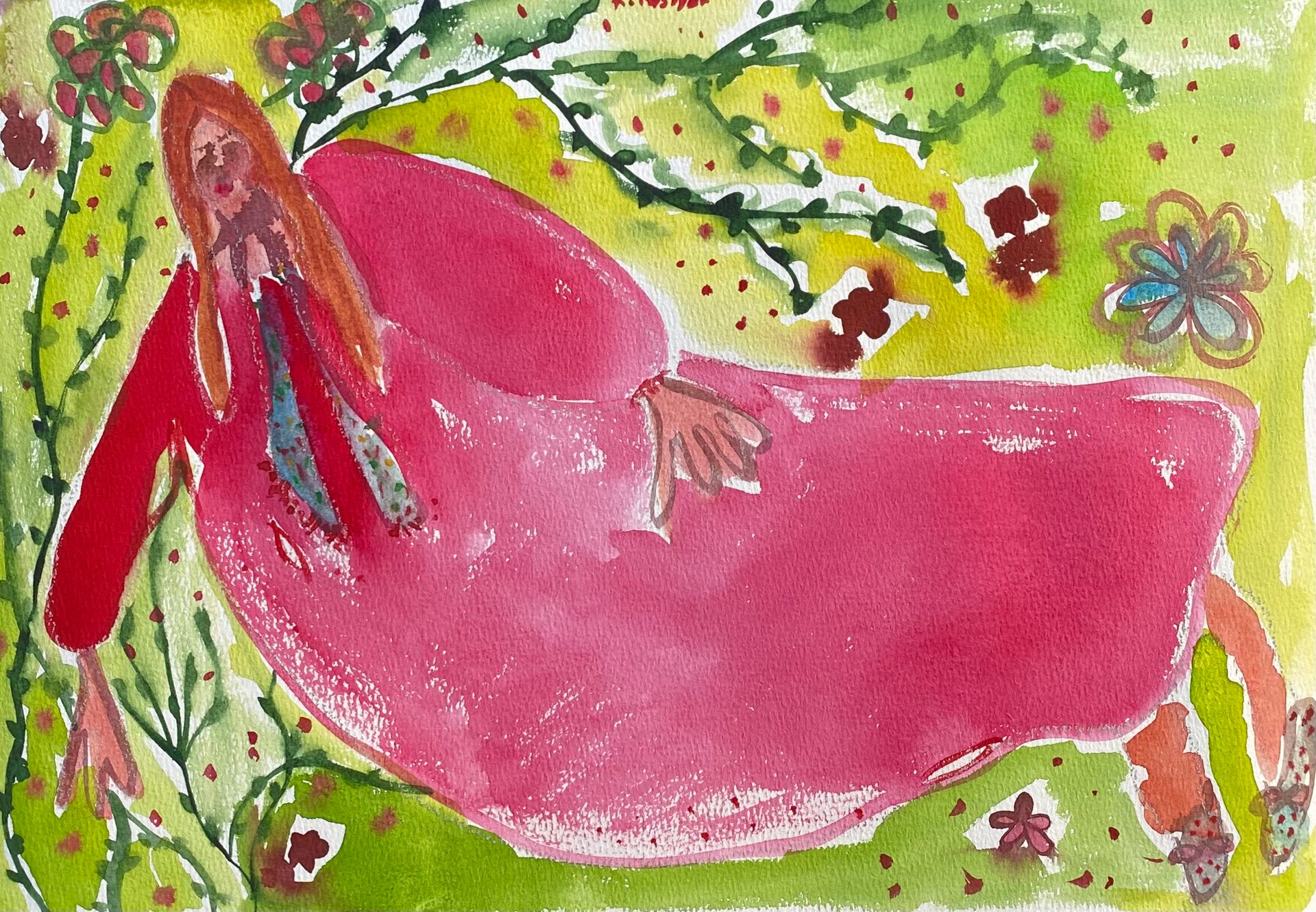 Каролина Росляк (Авторская графика - 
                  39 x 27 см) Автопортрет в розовом платье