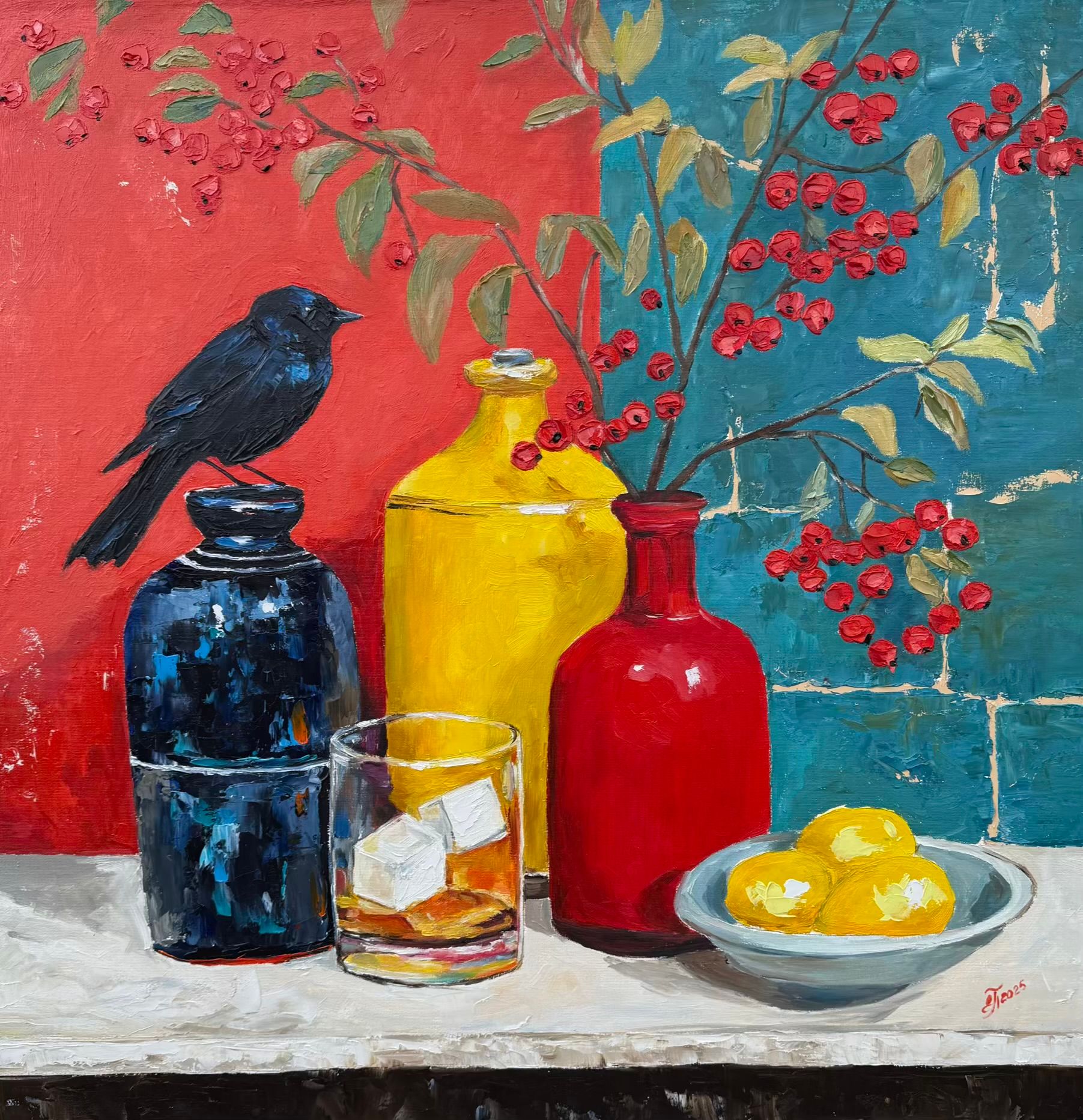 Елена Полищук (Картина, живопись - 
                  70 x 70 см) Рябина и галка