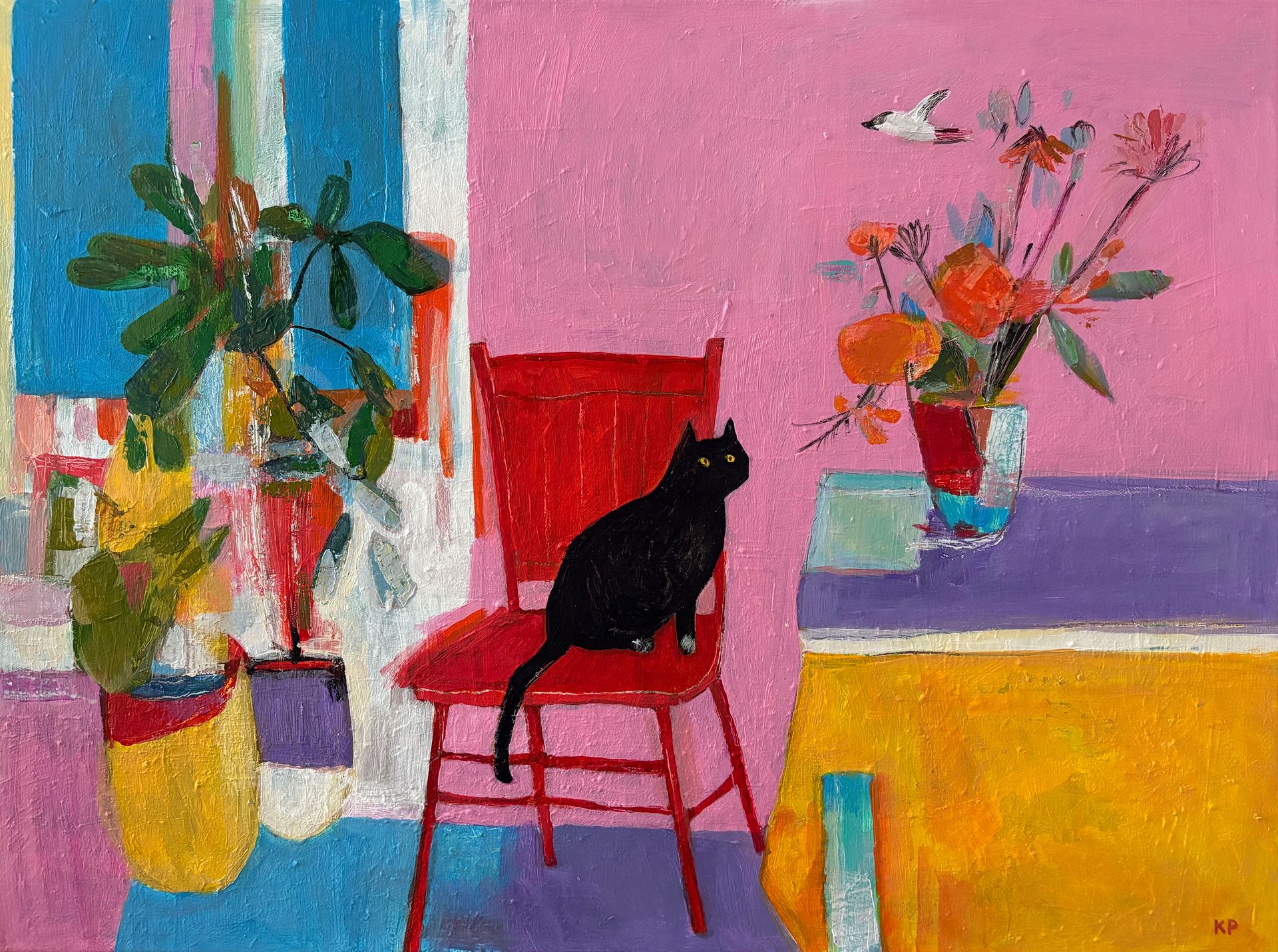 Катерина Пахомова (Картина, живопись - 
                  80 x 60 см) Черная кошка с цветами и красным стулом