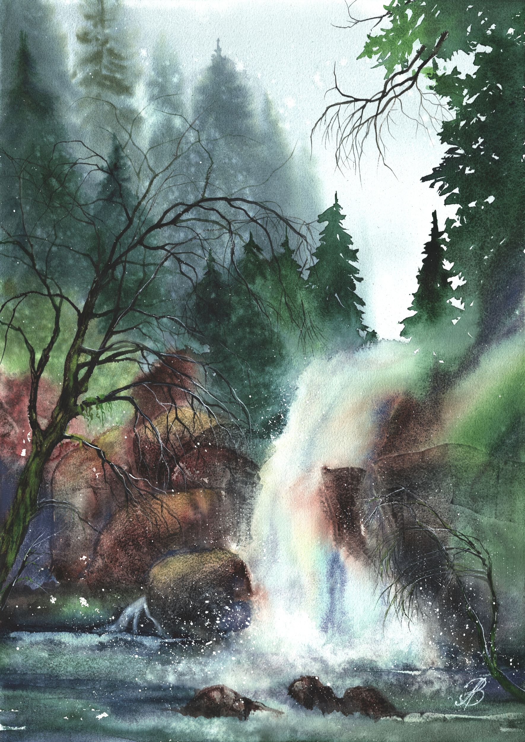 Алла Валежина (Авторская графика - 
                  42 x 59 см) Лесной пейзаж с водопадом