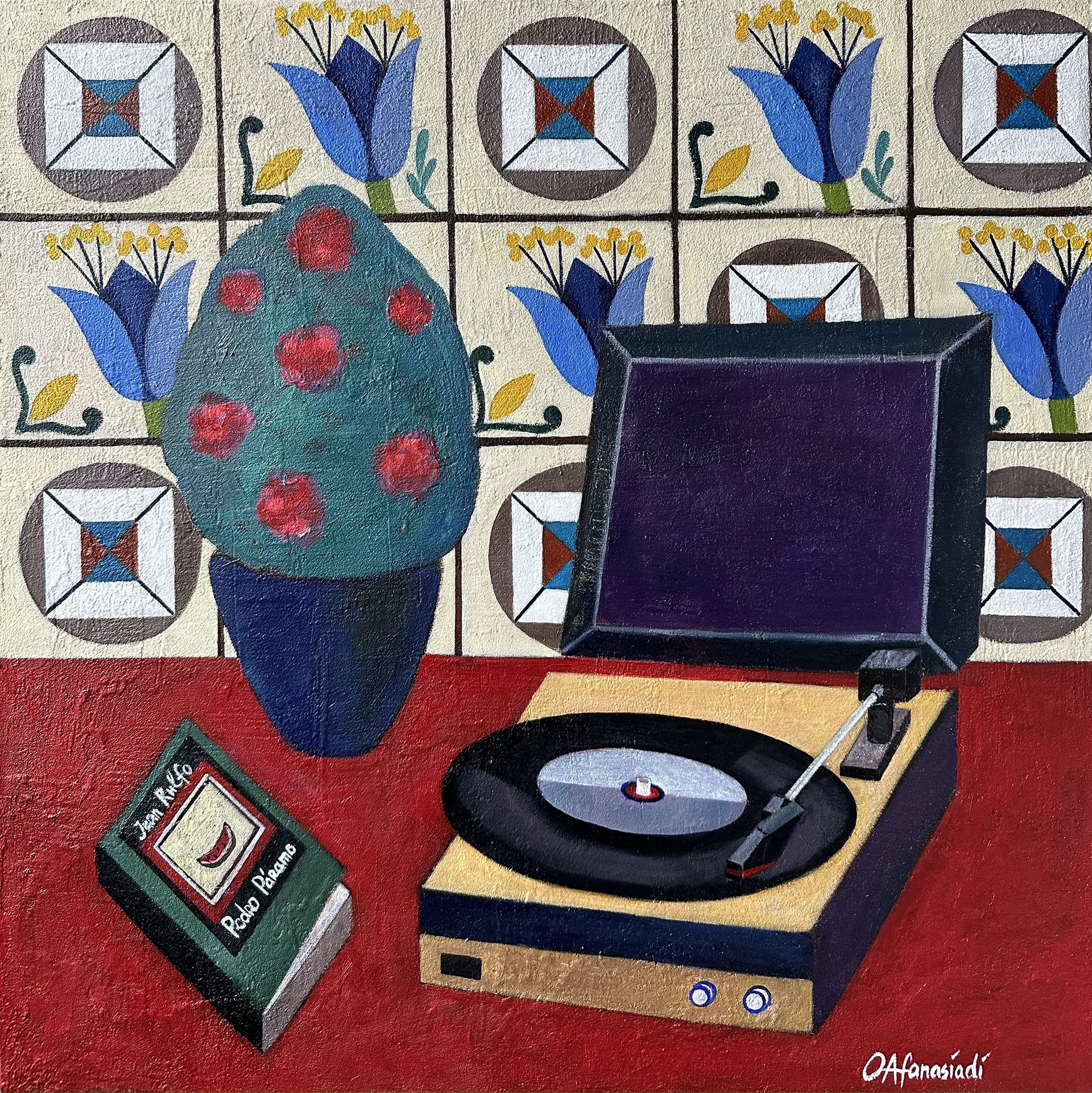Ольга Афанасиади (Картина, живопись - 
                  60 x 60 см) Натюрморт с виниловым проигрывателем и азулежу