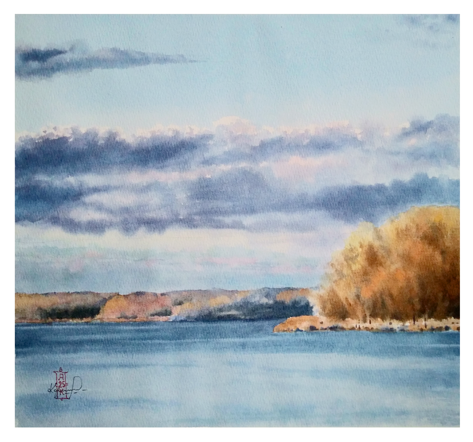 Александр Кормилицын (Авторская графика - 
                  32 x 30 см) Закатный час на Волге. Осень