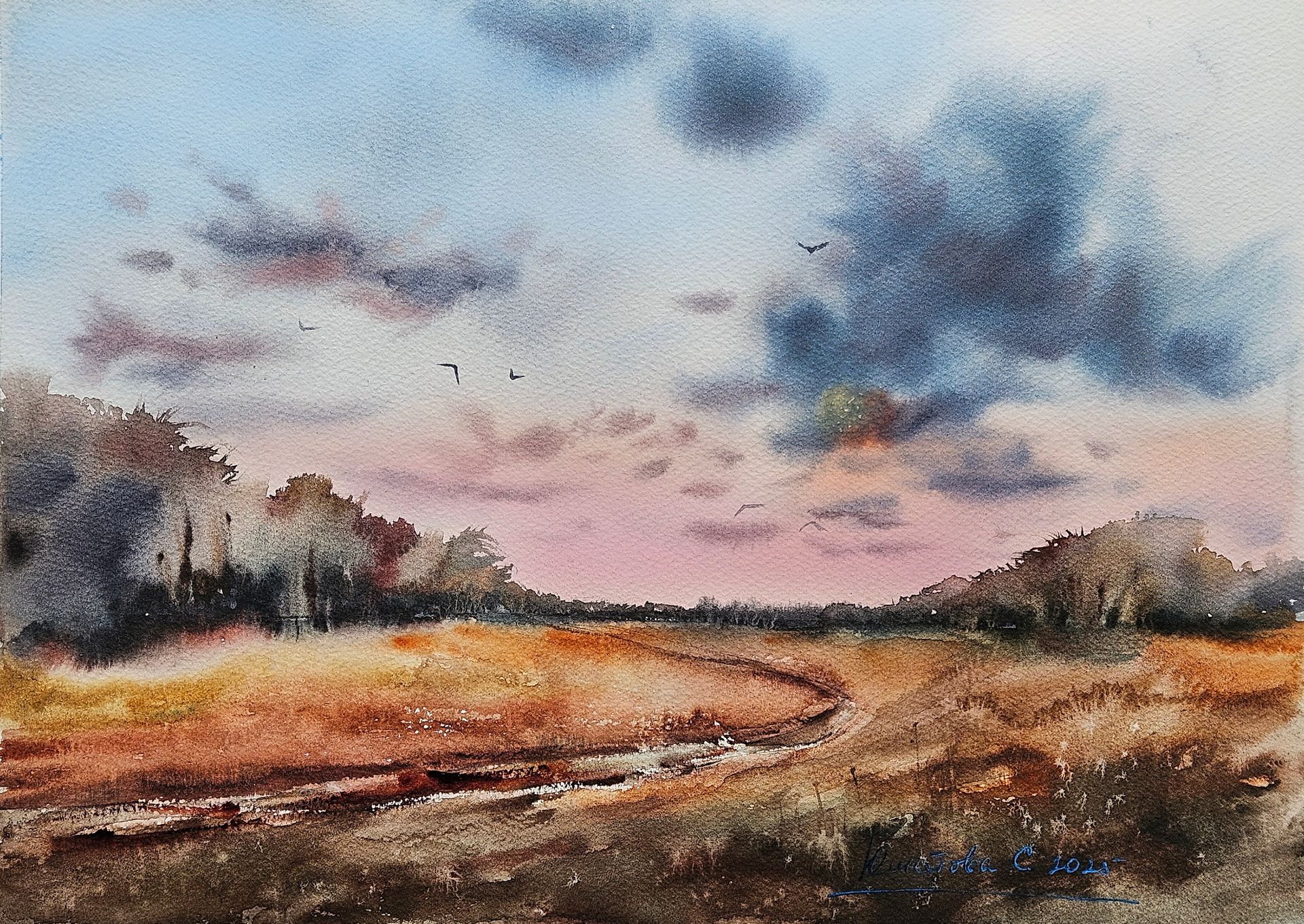 Светлана Юматова (Авторская графика - 
                  35 x 25 см) Закат в поле