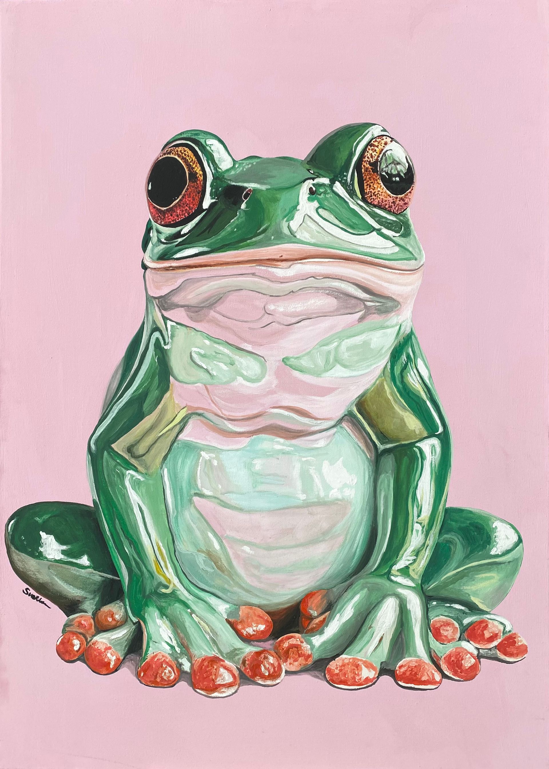 Светлана Евсеева (Картина, живопись - 
                  50 x 70 см) Зеленая лягушка на розовом фоне