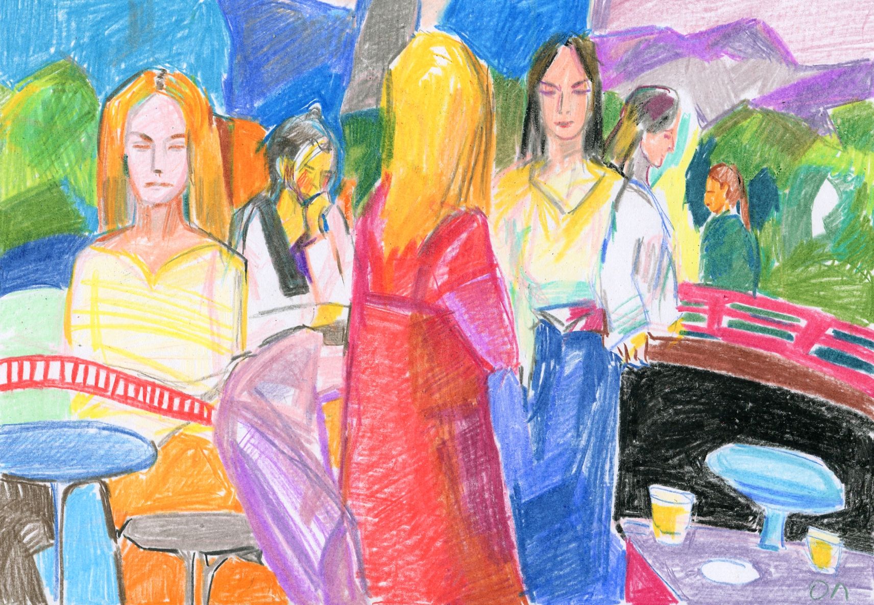 Олеся Лишаева (Авторская графика - 
                  30 x 21 см) Красный мост и чай