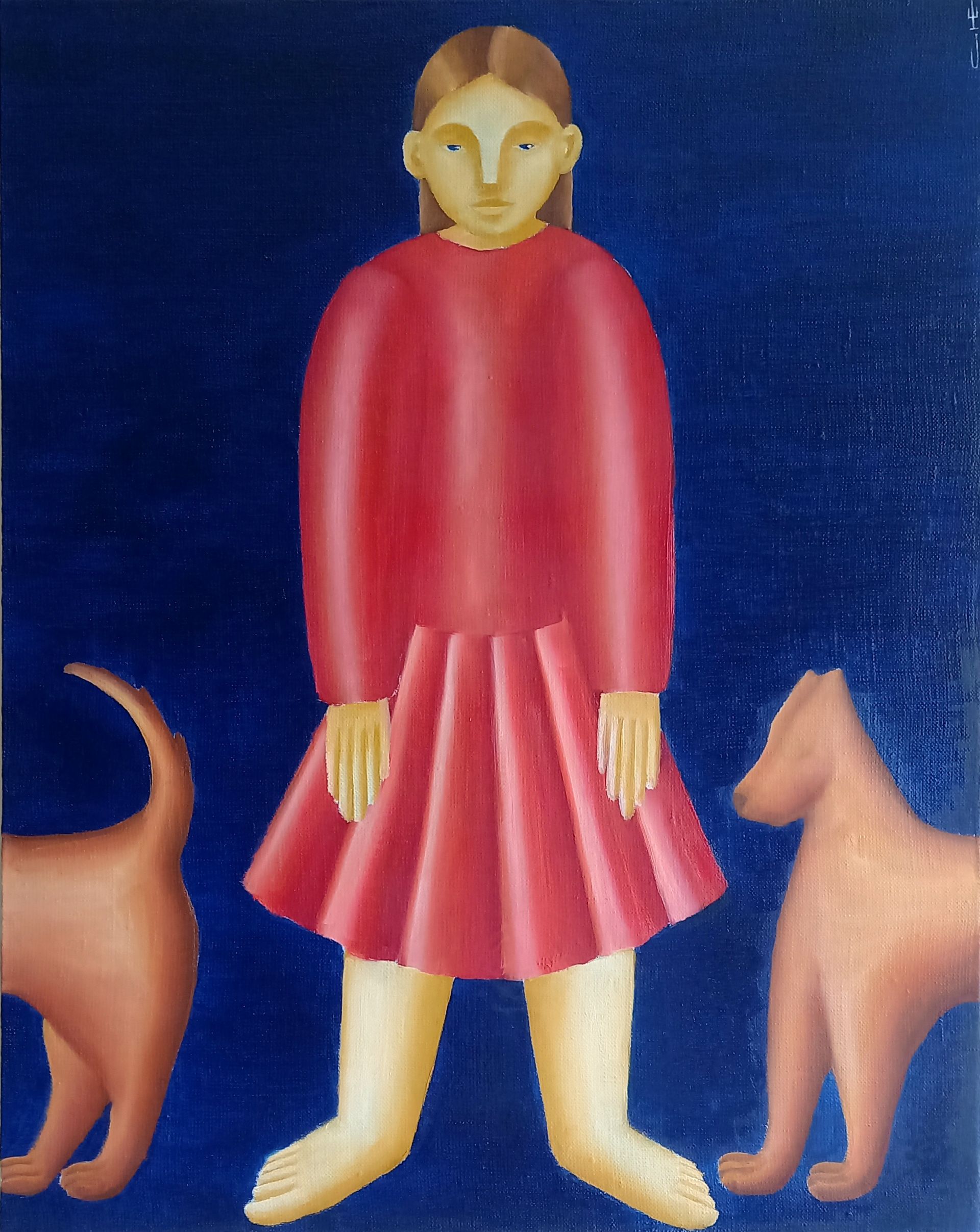 Саша Катинаускиене (Картина, живопись - 
                  40 x 50 см) Синий фон. Девочка и собака