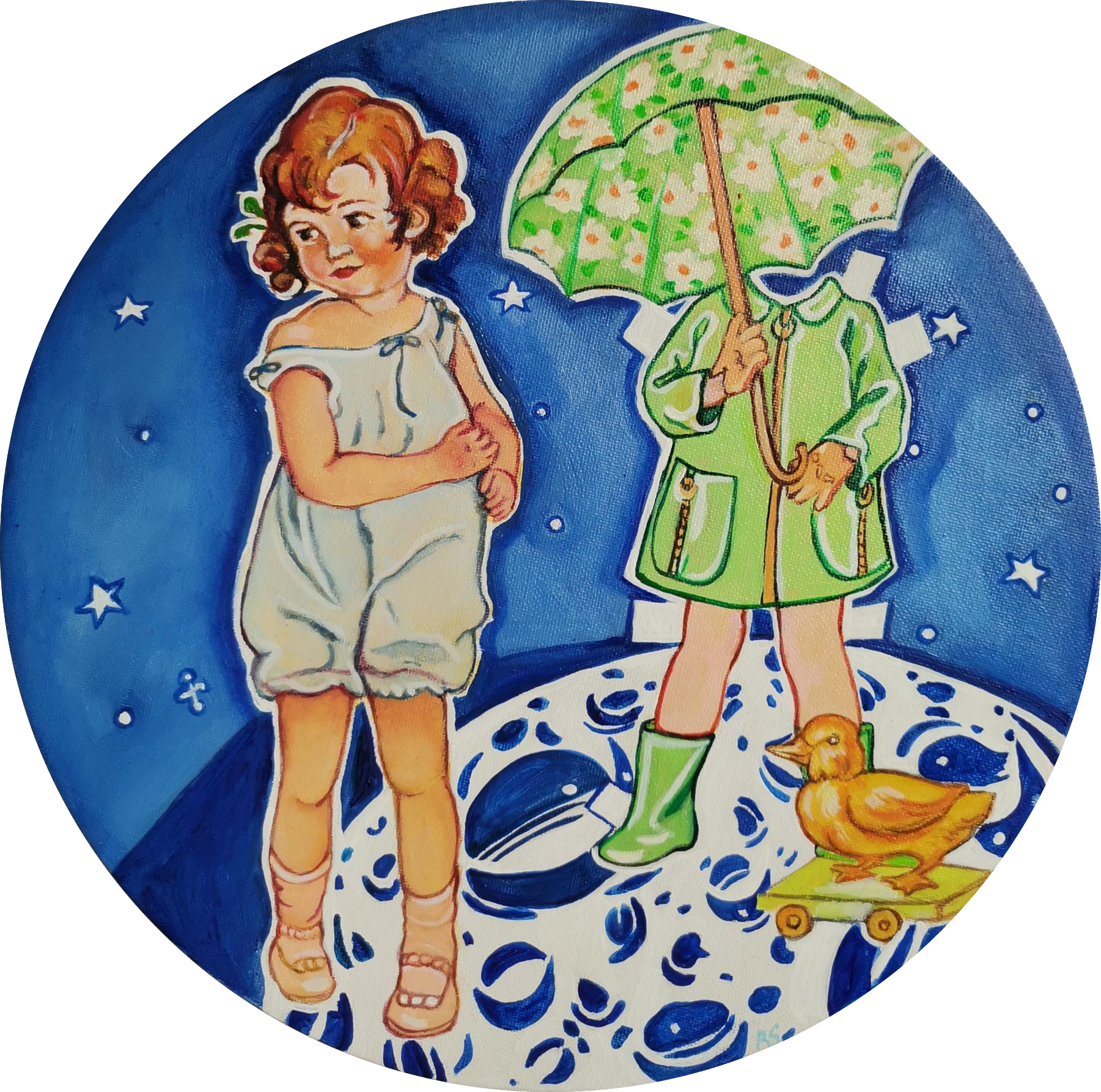 Руслан Солопеев и Алес Кочевник (Картина, живопись - 
                  30 x 30 см) С уточкой под зонтом на луне