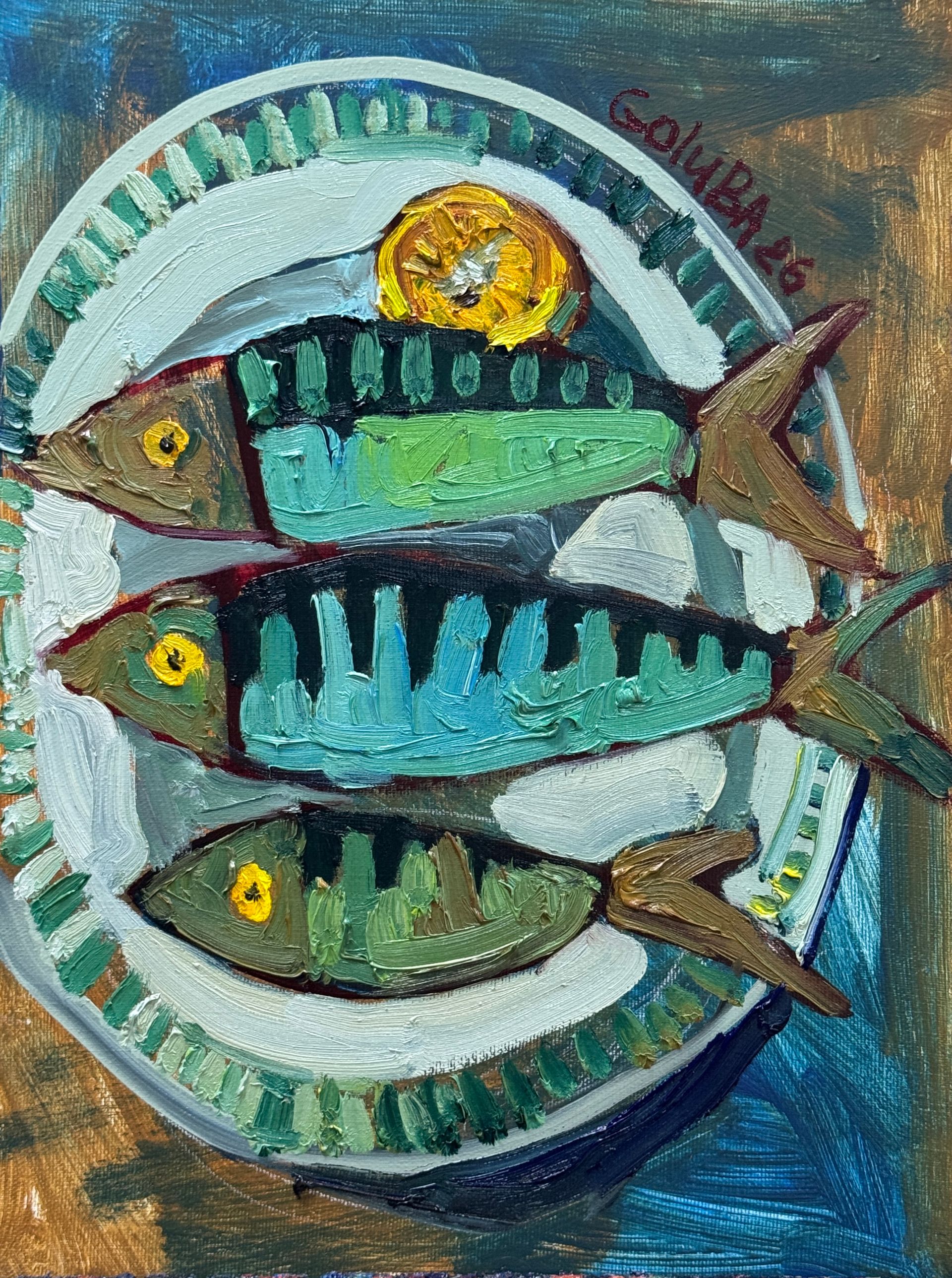 Анна Голубь (Картина, живопись - 
                  30 x 40 см) Рыбы на белой тарелке