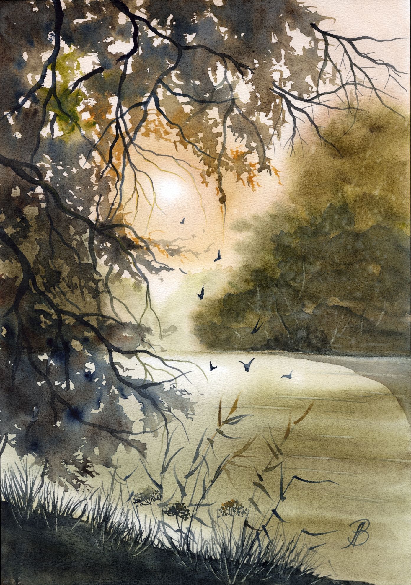 Алла Валежина (Авторская графика - 
                  30 x 42 см) Прохлада у реки