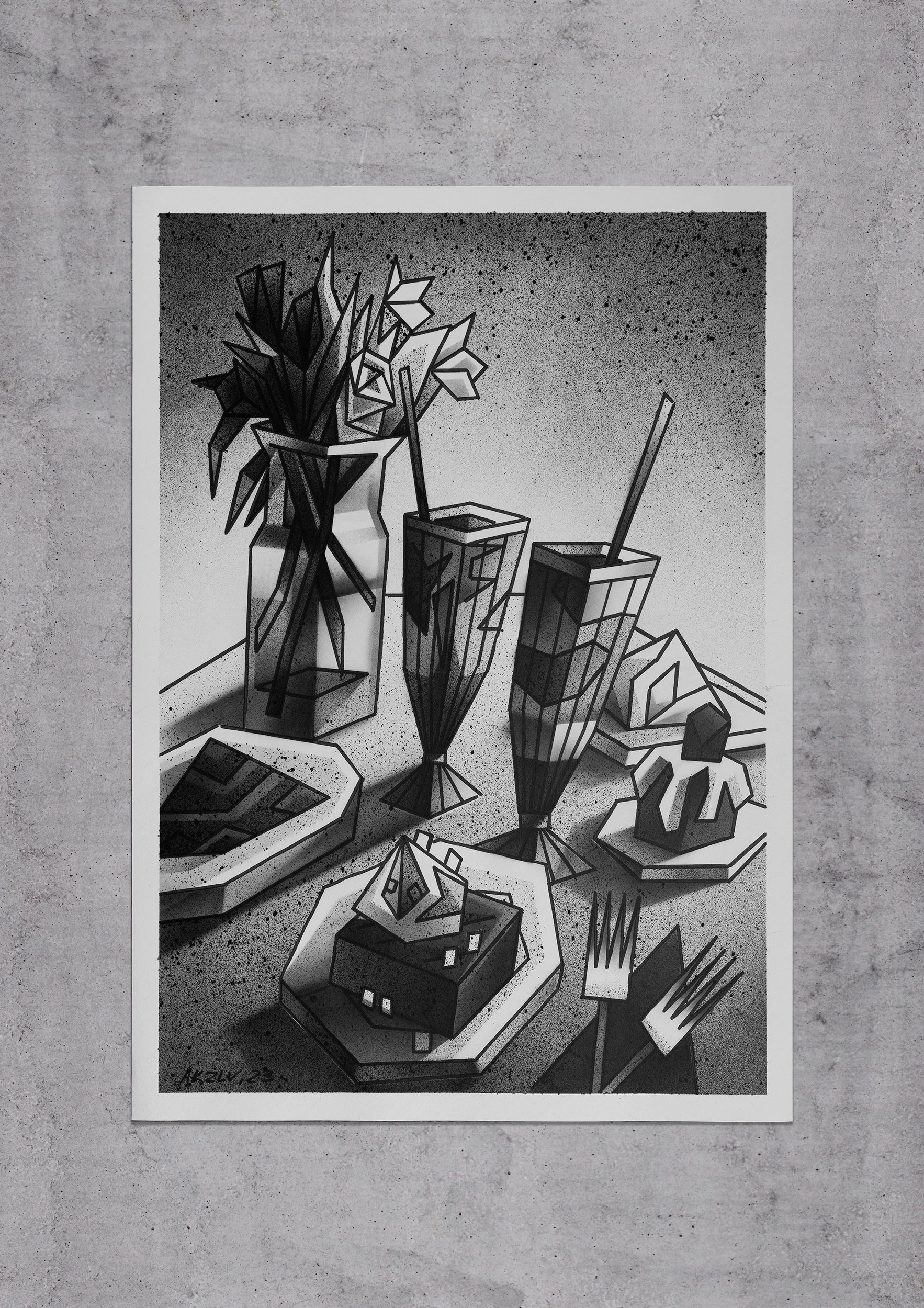 Александр Козлов (Авторская графика - 
                  59.4 x 84.1 см) №385 — Натюрморт с десертами