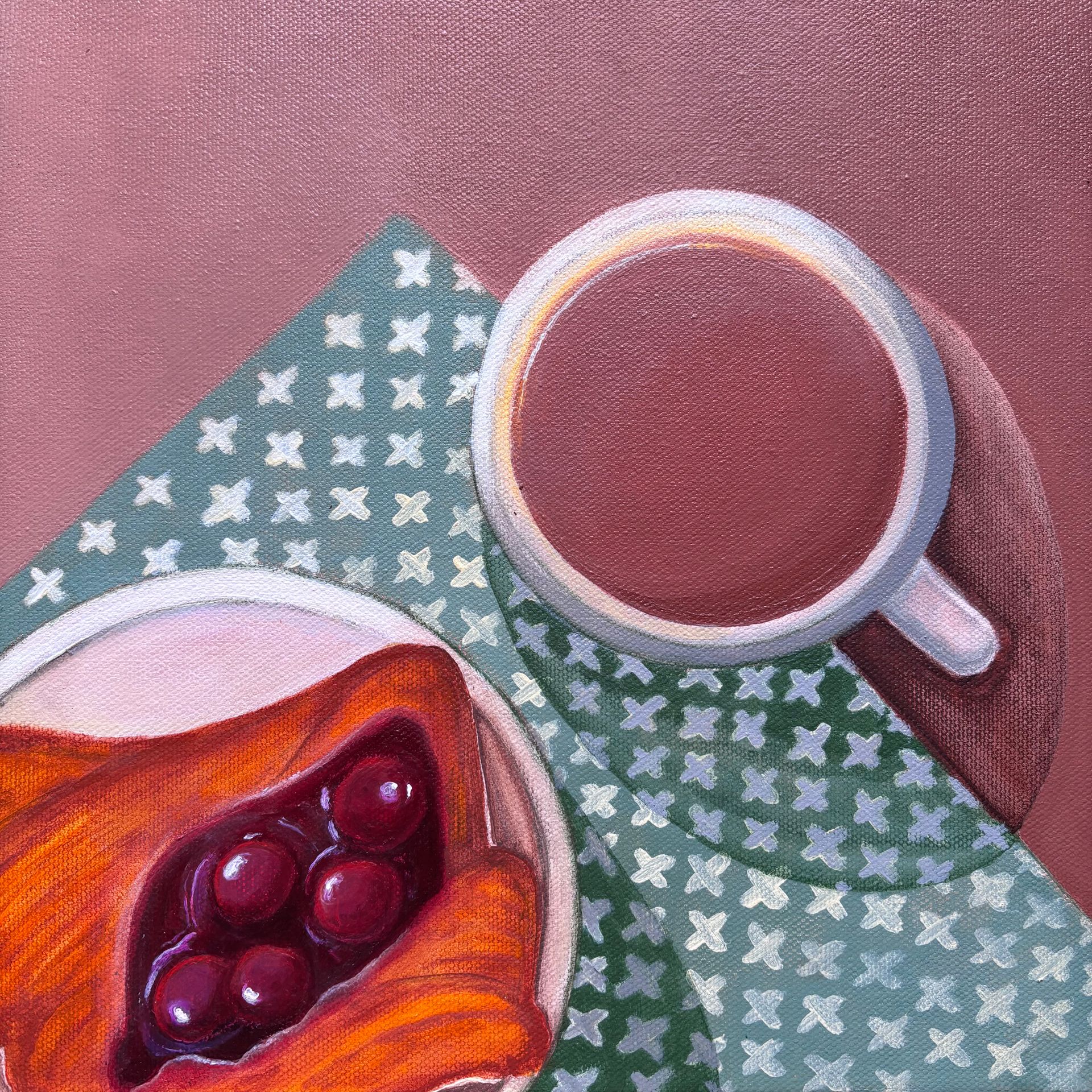 Елена Королева (Картина, живопись - 
                  30 x 30 см) Кофе и вишневая булочка