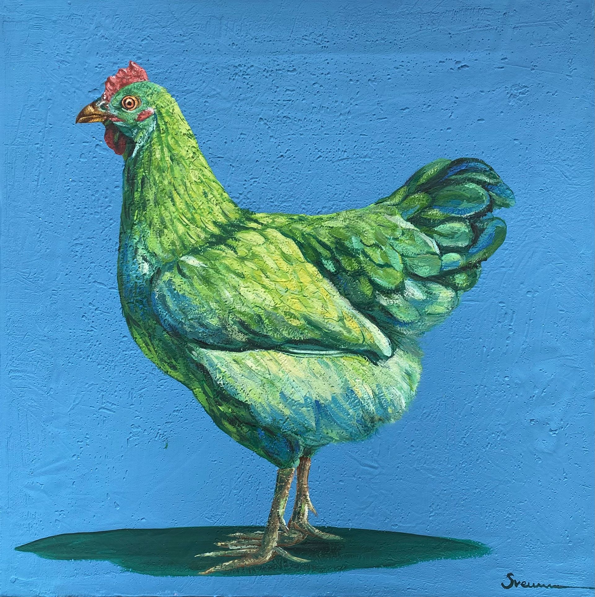 Светлана Евсеева (Картина, живопись - 
                  40 x 40 см) Зеленая курочка на пыльно-голубом фоне
