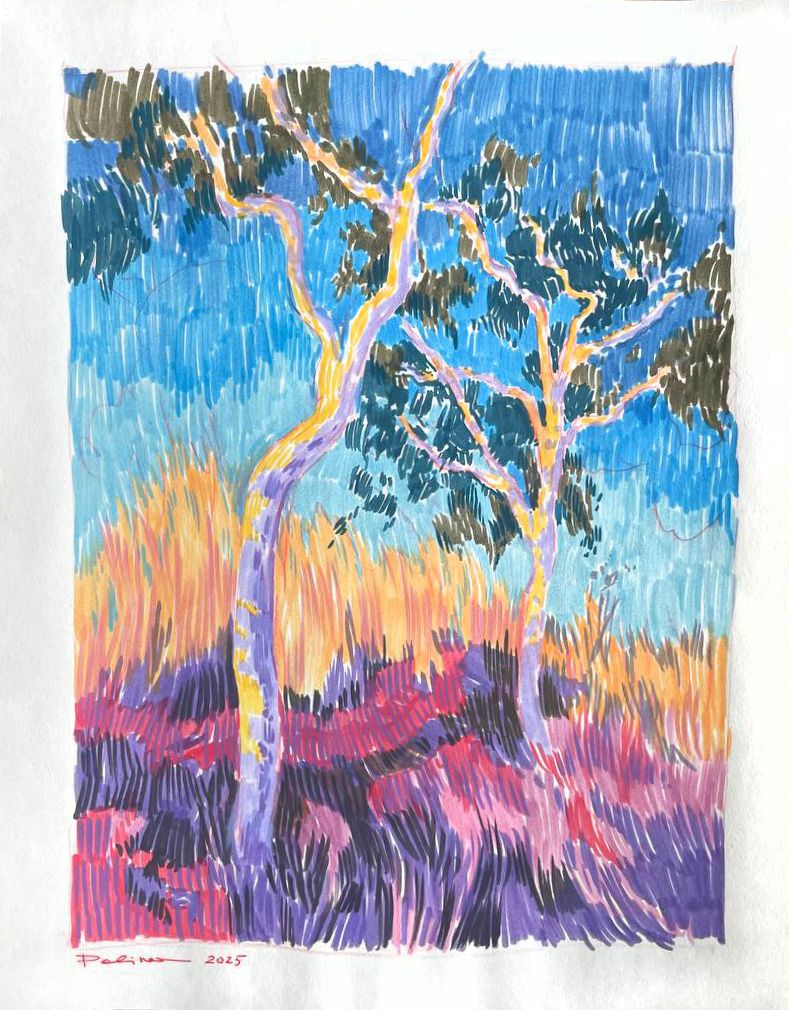 Полина Ратуш (Авторская графика - 
                  28 x 35 см) Деревья в сухой траве