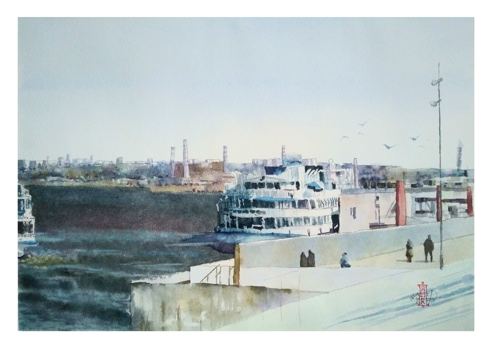 Александр Кормилицын (Авторская графика - 
                  42 x 30 см) Причал на Каме. Пробуждение