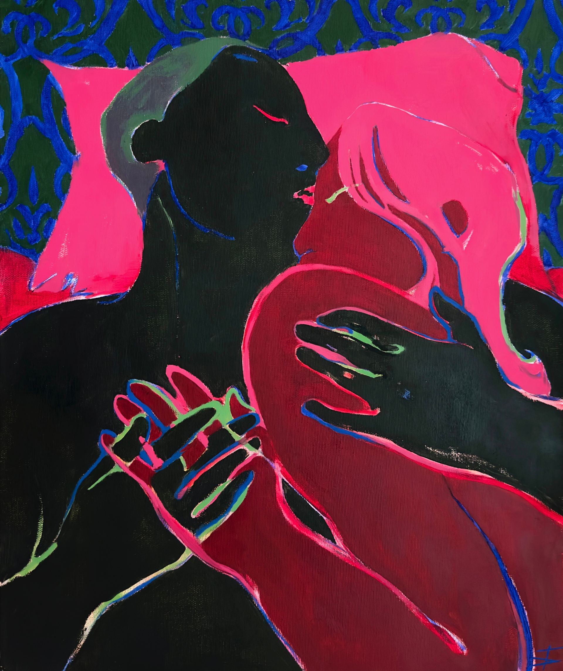 Екатерина Богданкова (Картина, живопись - 
                  50 x 60 см) Вдвоём.  Тёмный зеленый/светлый зеленый, бордовый/розовый