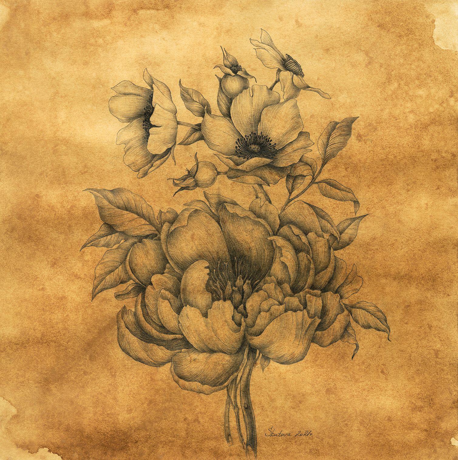 ELENA SKUTOVA (Авторская графика - 
                  57 x 57 см) Flowers #2