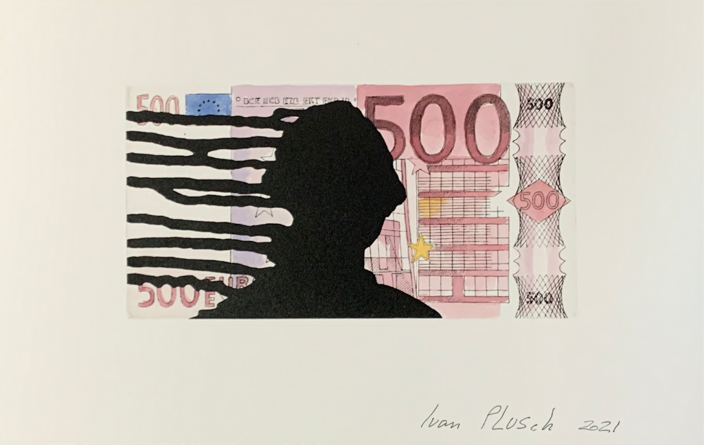 Иван Плющ (Графика печатная - 
                  30 x 21 см) Деньги текут. 500