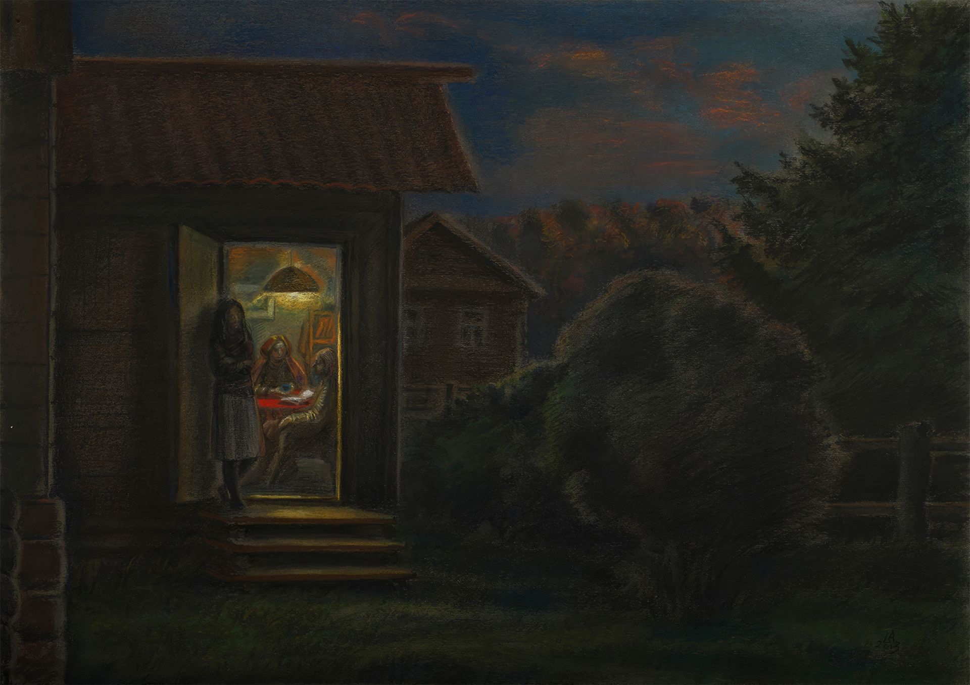 Александра Ларионова (Авторская графика - 
                  59.5 x 42 см) На крыльце. Вечер