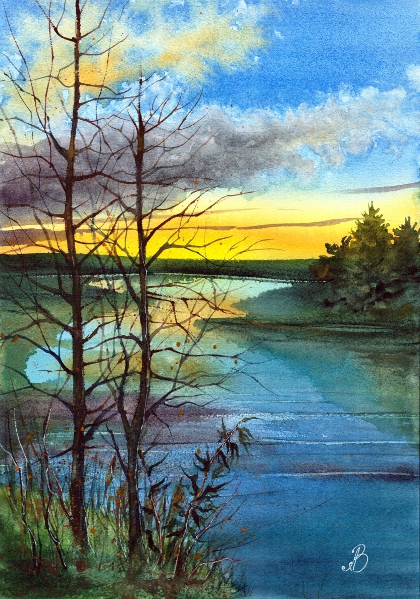 Алла Валежина (Авторская графика - 
                  30 x 42 см) Дыхание вечернего озера