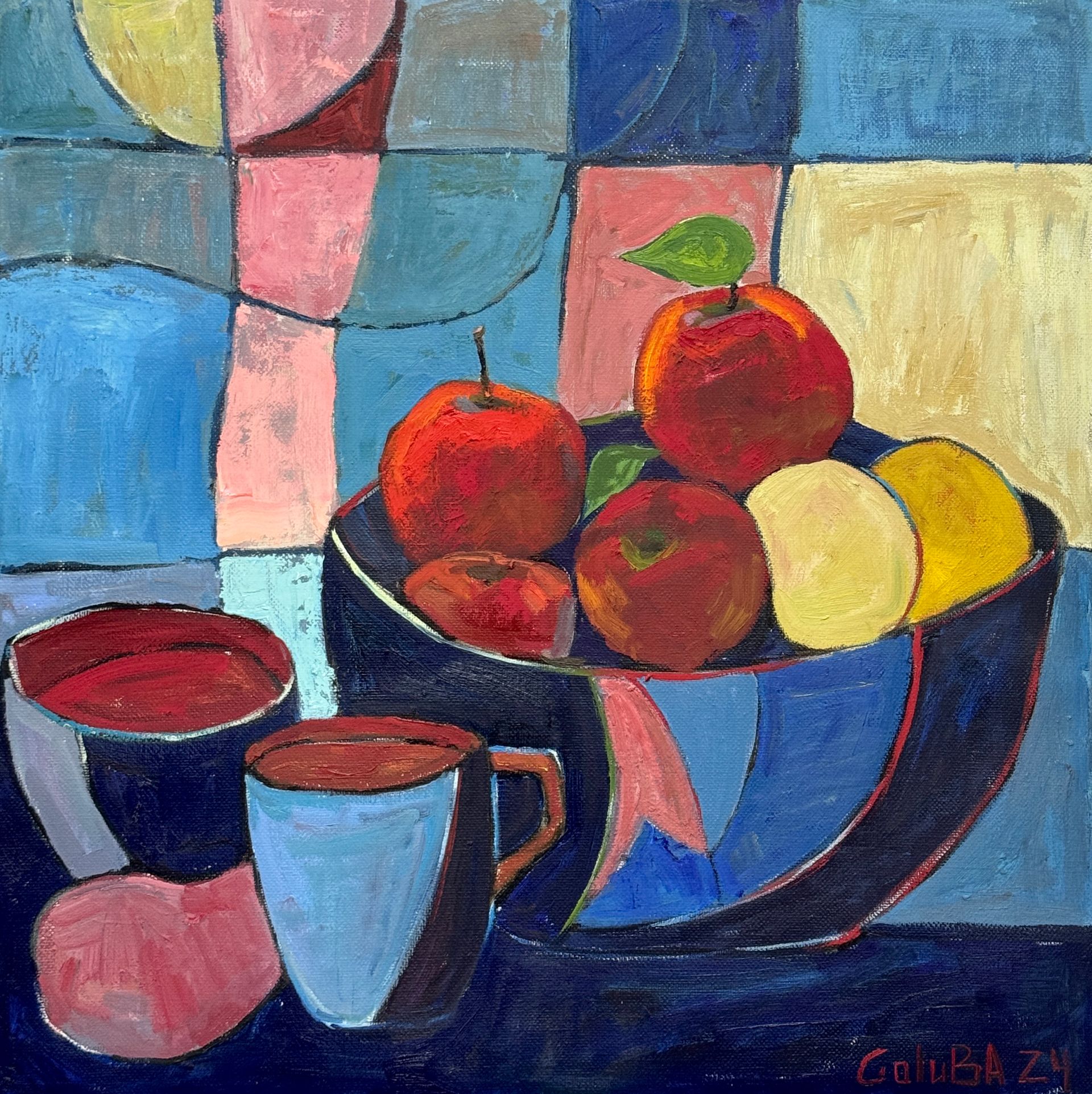 Анна Голубь (Картина, живопись - 
                  60 x 60 см) Синее настроение. Красные яблоки в синей чашке