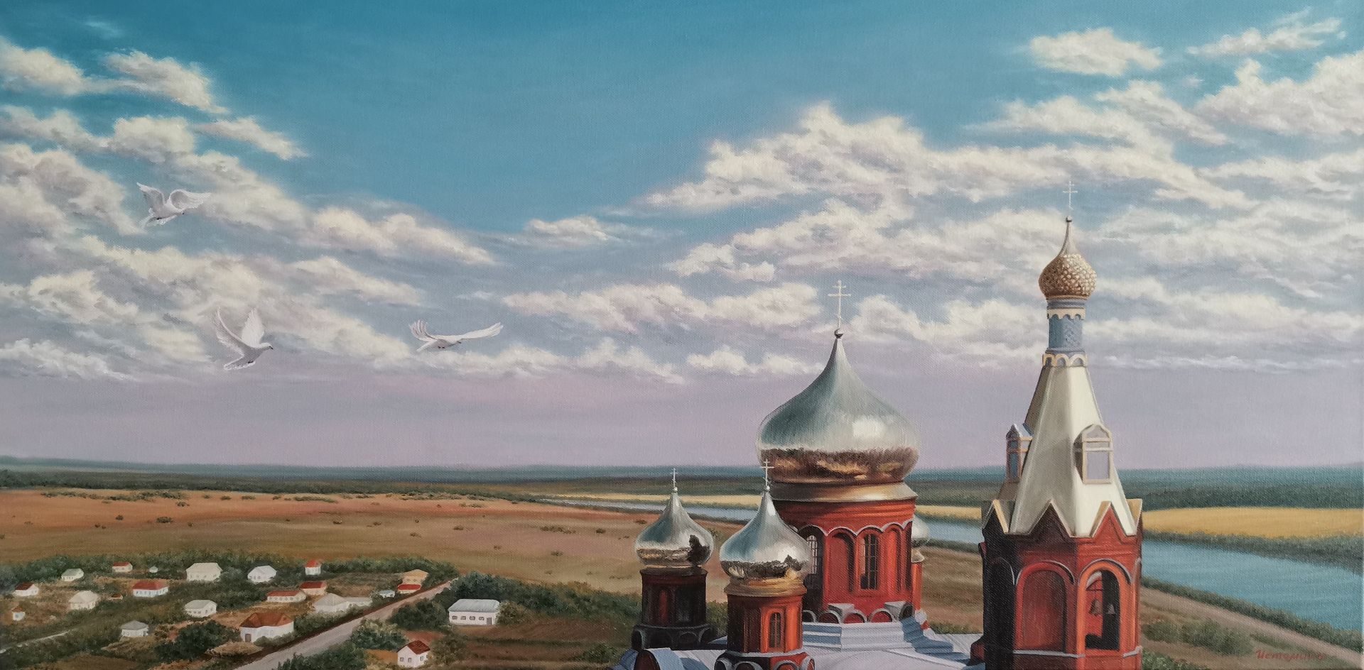 Елена Истомина (Картина, живопись - 
                  100 x 50 см) Купола Храма Рождества Христова. Усть-Донецкий район