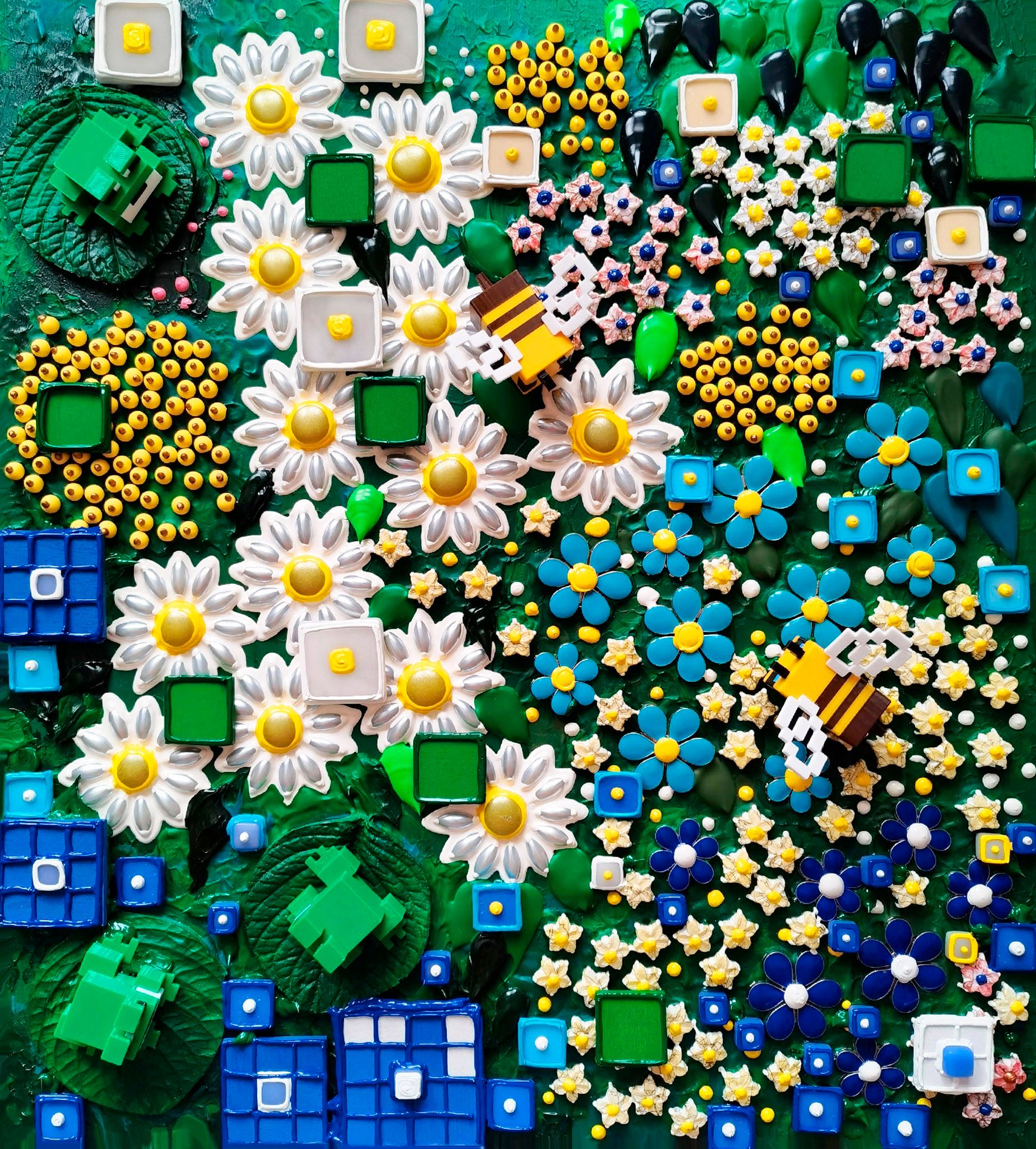 Ирина БАСТ (Коллаж / ассамбляж - 
                  45 x 50 см) Летний сад 2.0. Ромашково-незабудковый геймплей