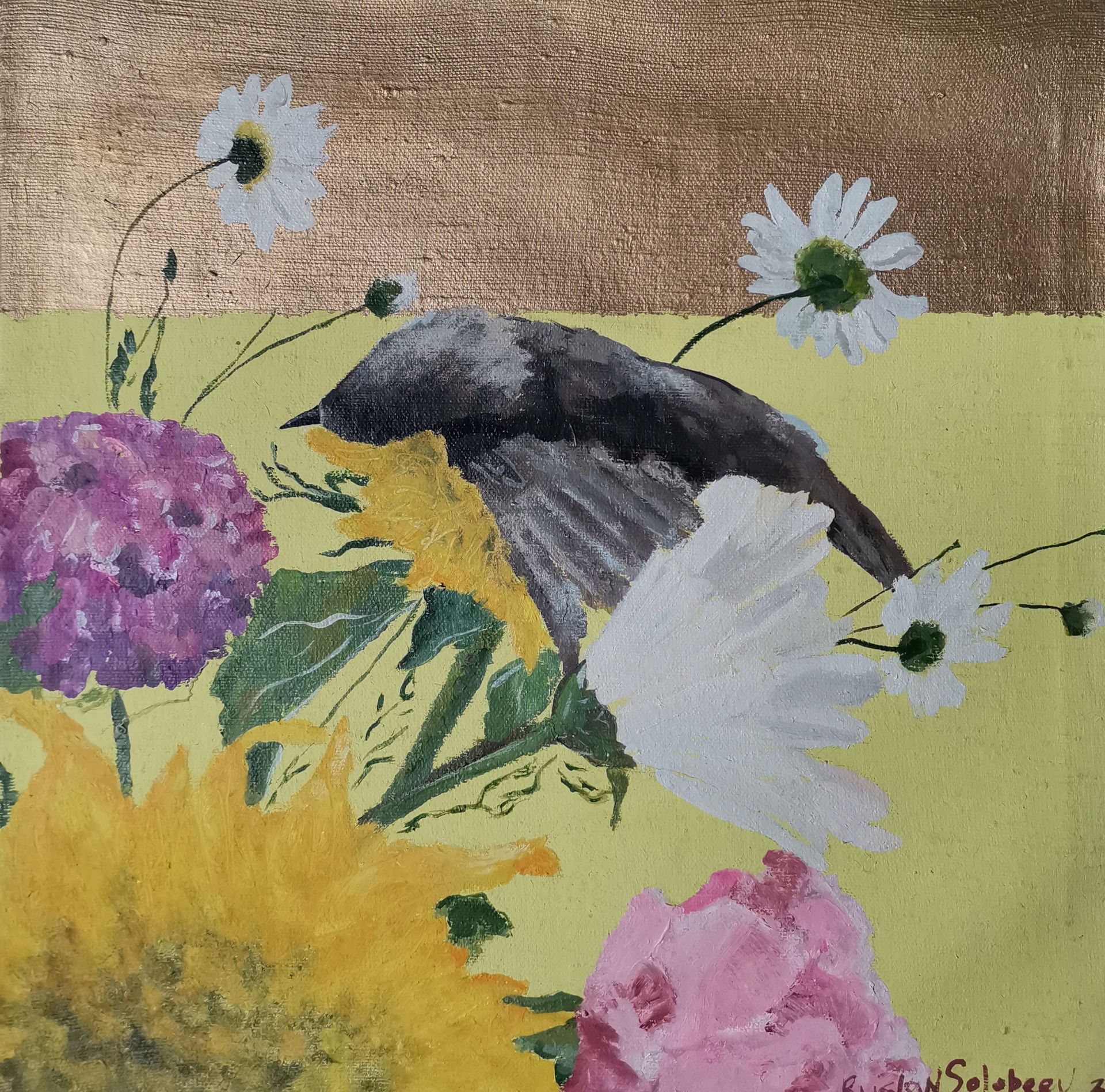 Ruslan Solopeev (Картина, живопись - 
                  50 x 50 см) Птица и букет цветов