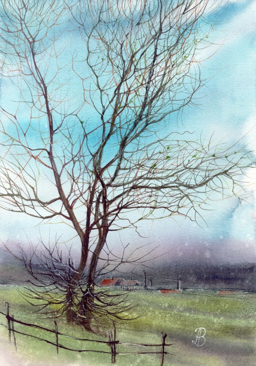 Алла Валежина (Авторская графика - 
                  30 x 42 см) Тихое утро в деревне