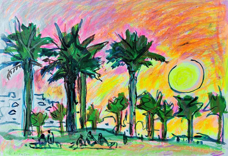 Олеся Лишаева (Авторская графика - 
                  62 x 43 см) Закат над пальмами