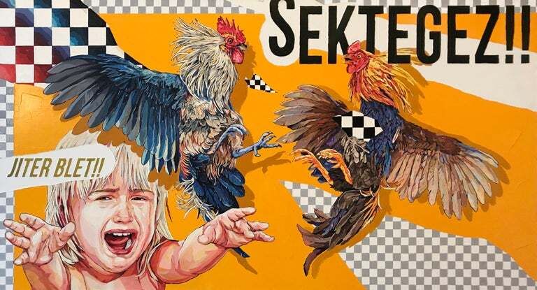 Радик Мусин (Картина, живопись - 
                  178 x 98 см) Roosters fight - children cry